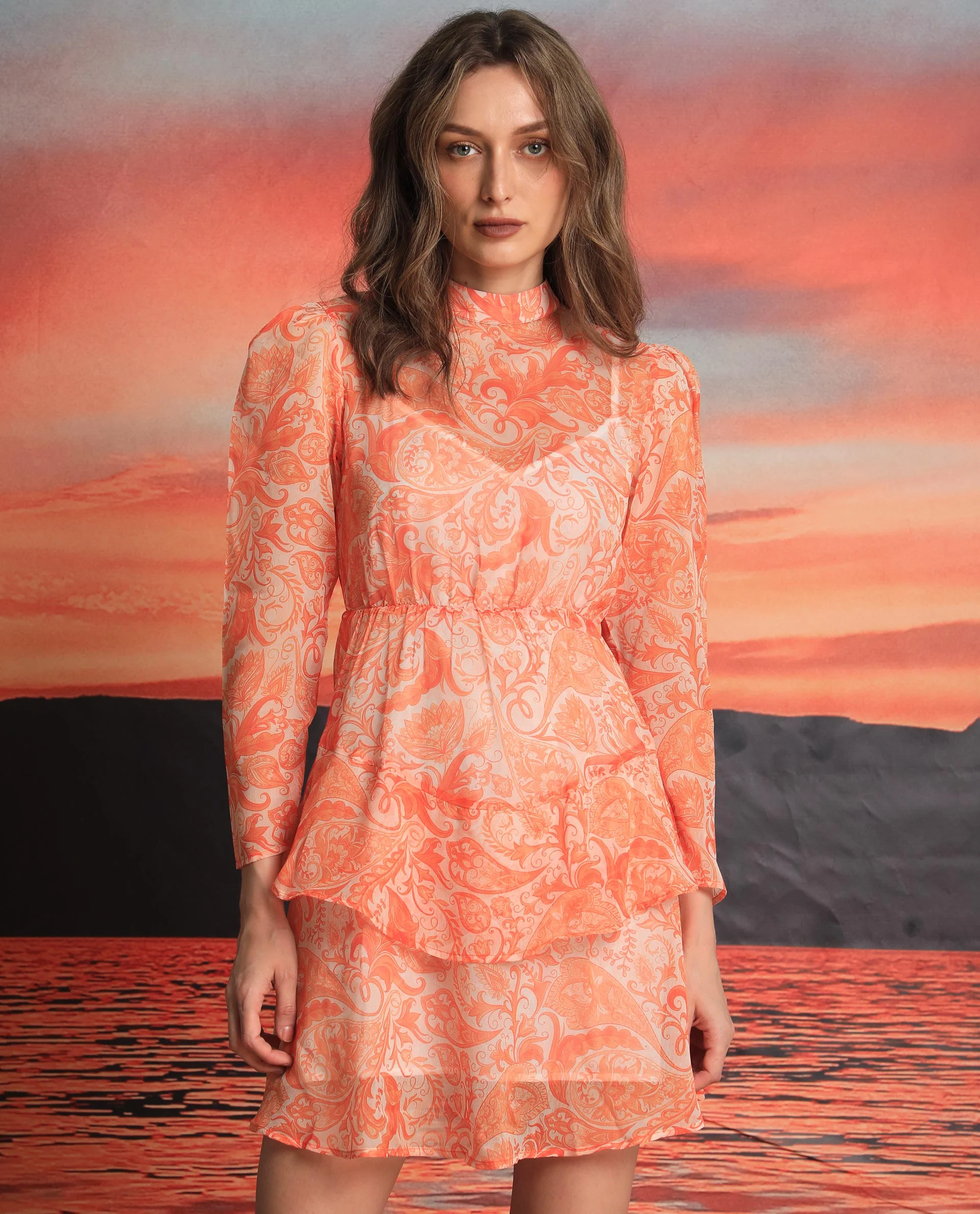 Rareism Women's Claris Orange Cotton High Neck Paisley Print Knee Length Regular Fit Dress