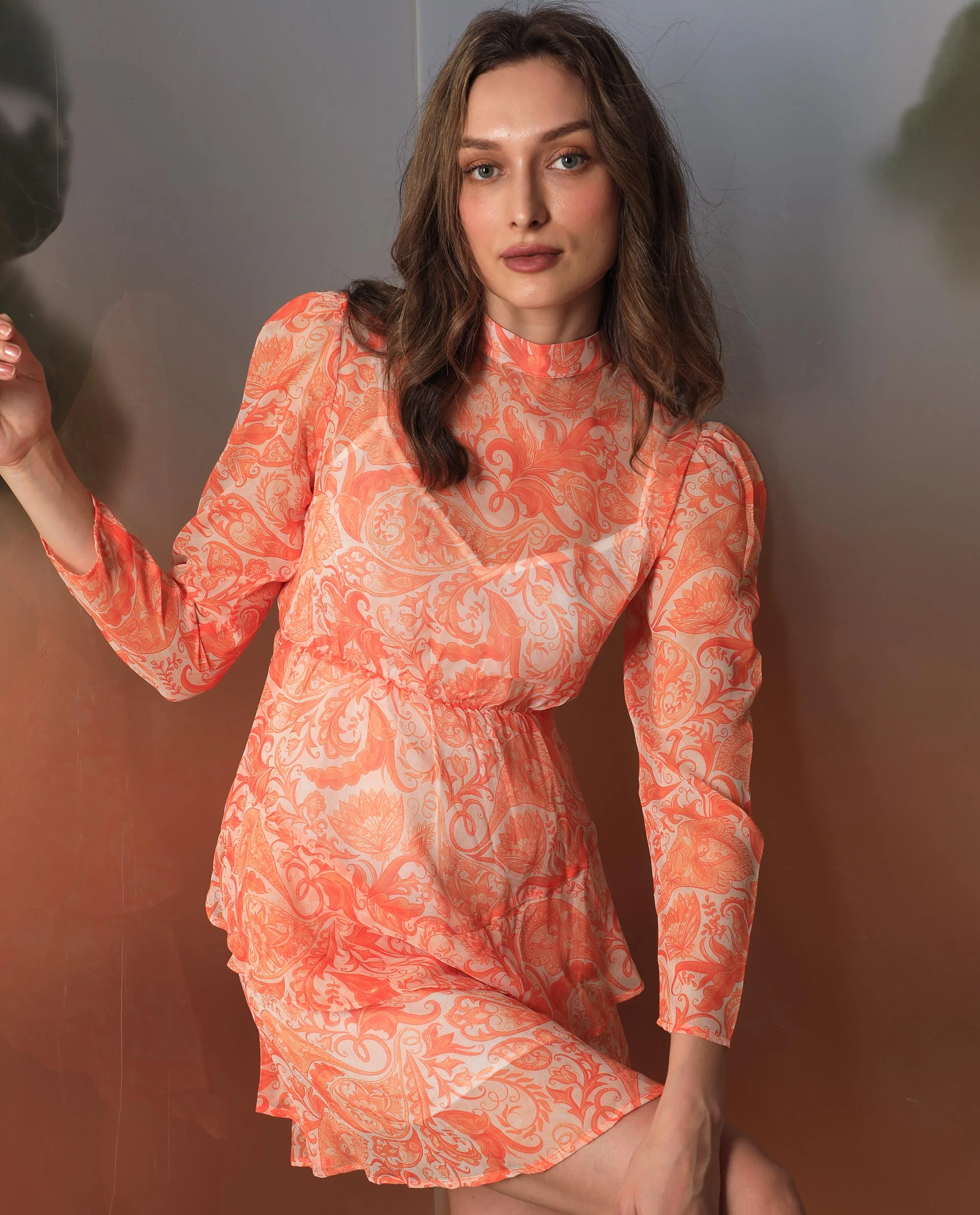 Rareism Women's Claris Orange Cotton High Neck Paisley Print Knee Length Regular Fit Dress - Image 10