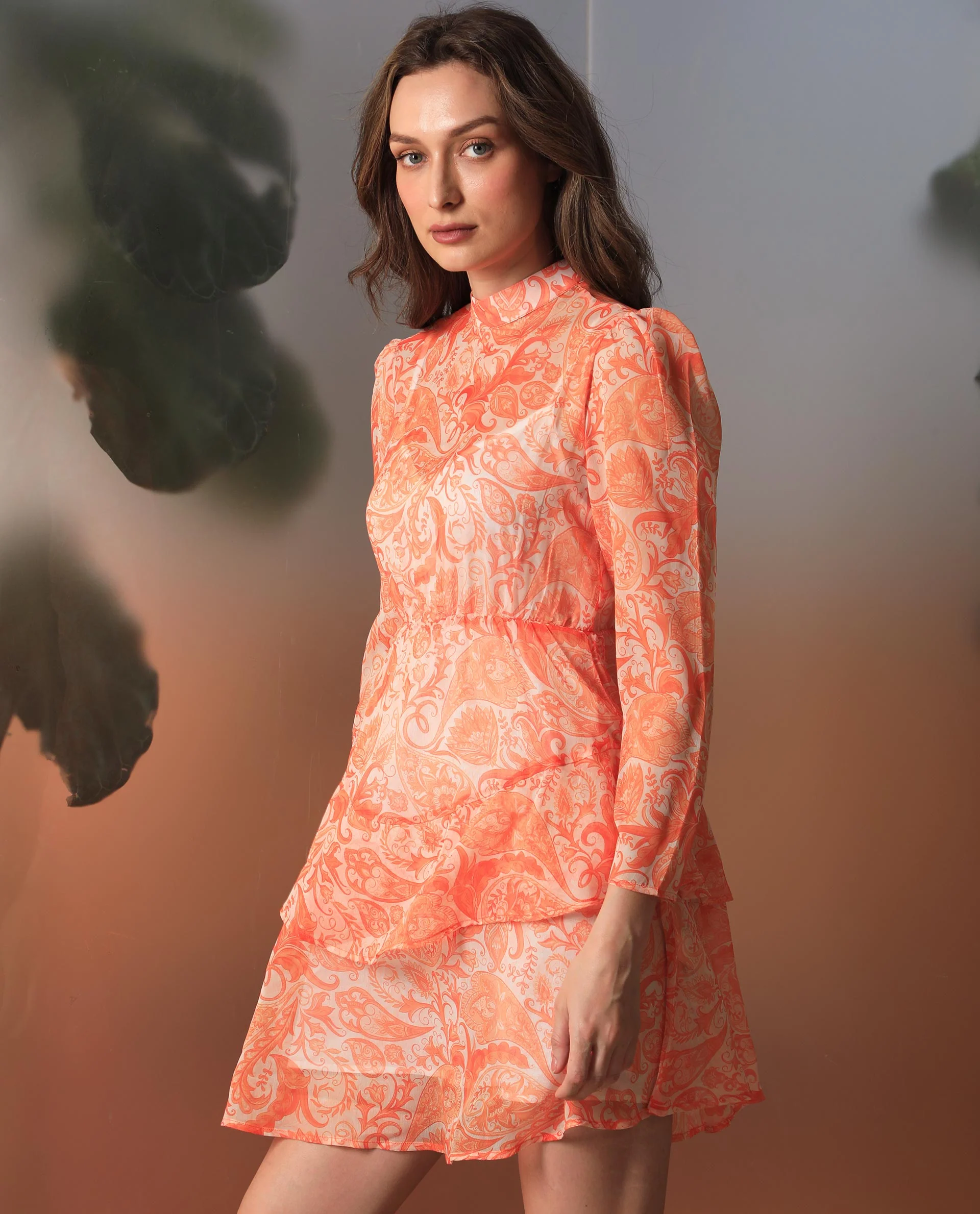 Rareism Women's Claris Orange Cotton High Neck Paisley Print Knee Length Regular Fit Dress - Image 11