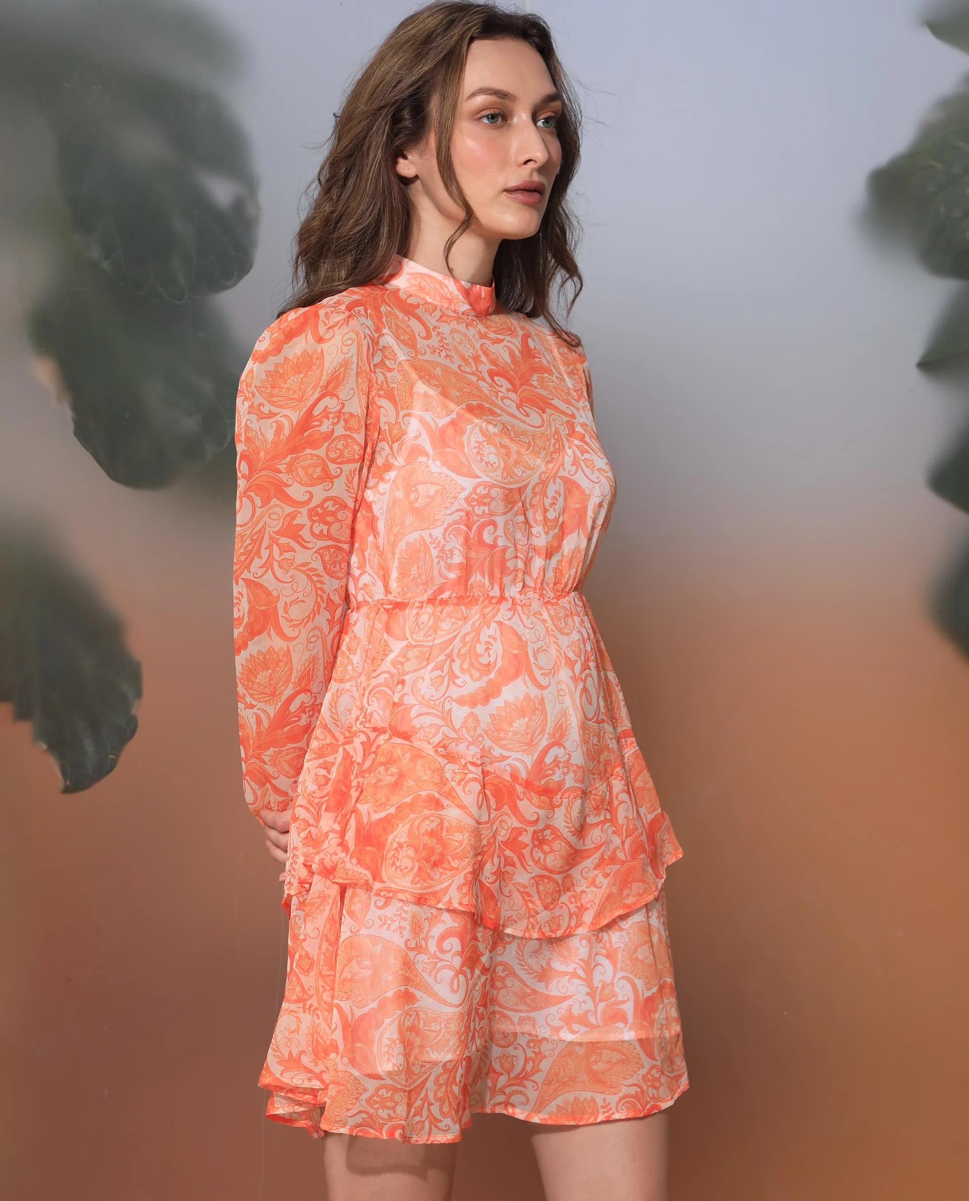 Rareism Women's Claris Orange Cotton High Neck Paisley Print Knee Length Regular Fit Dress - Image 12