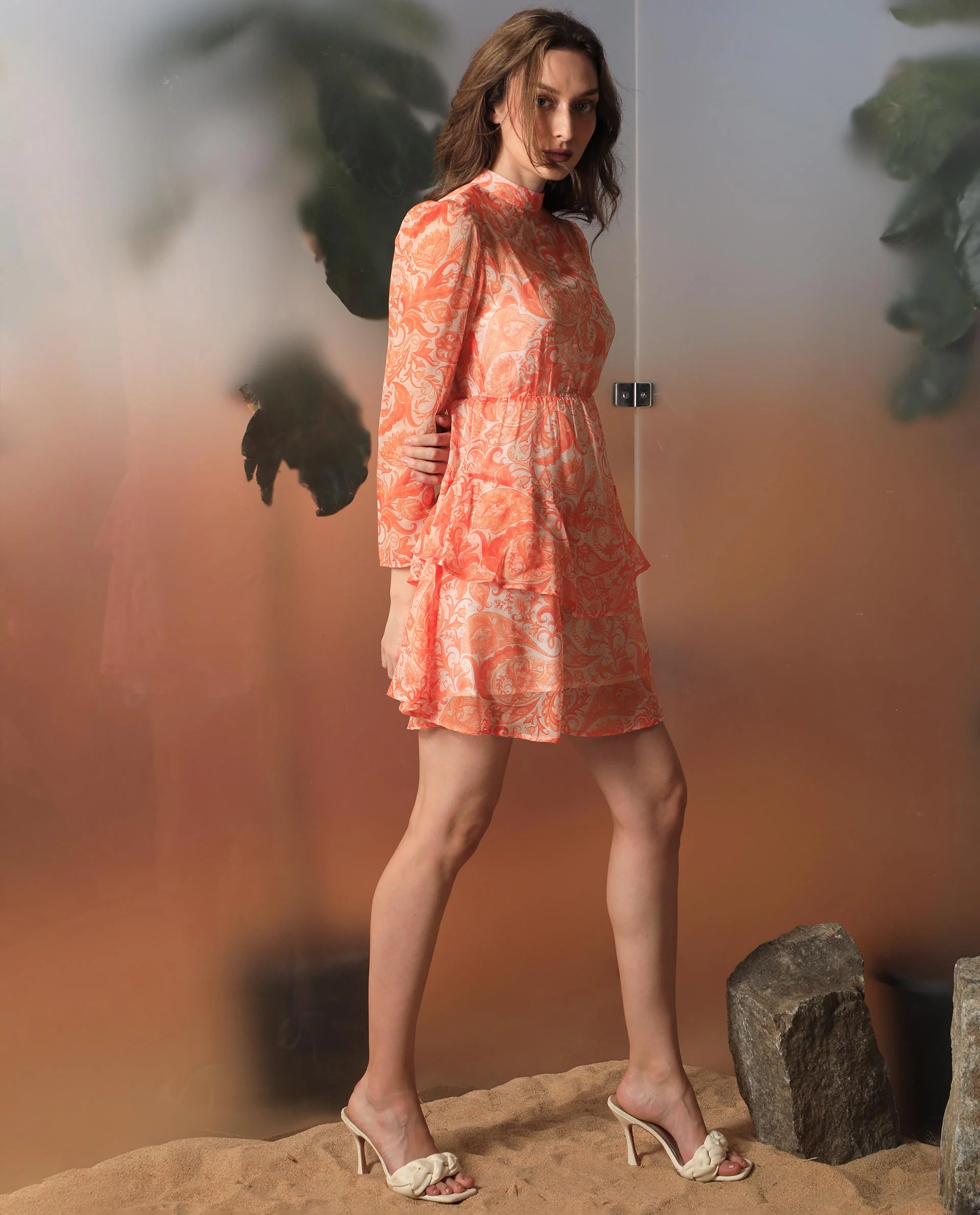 Rareism Women's Claris Orange Cotton High Neck Paisley Print Knee Length Regular Fit Dress - Image 3