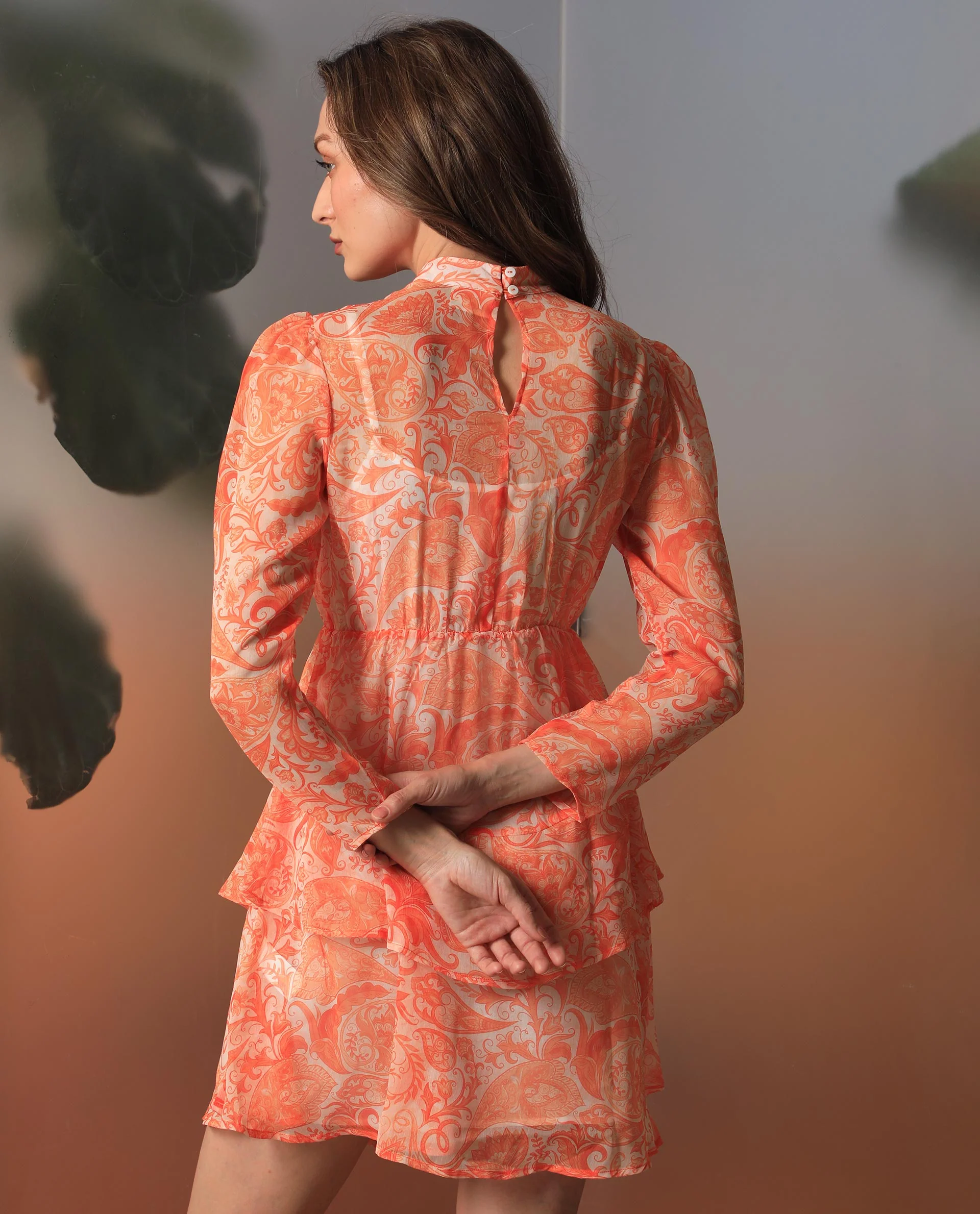 Rareism Women's Claris Orange Cotton High Neck Paisley Print Knee Length Regular Fit Dress - Image 4