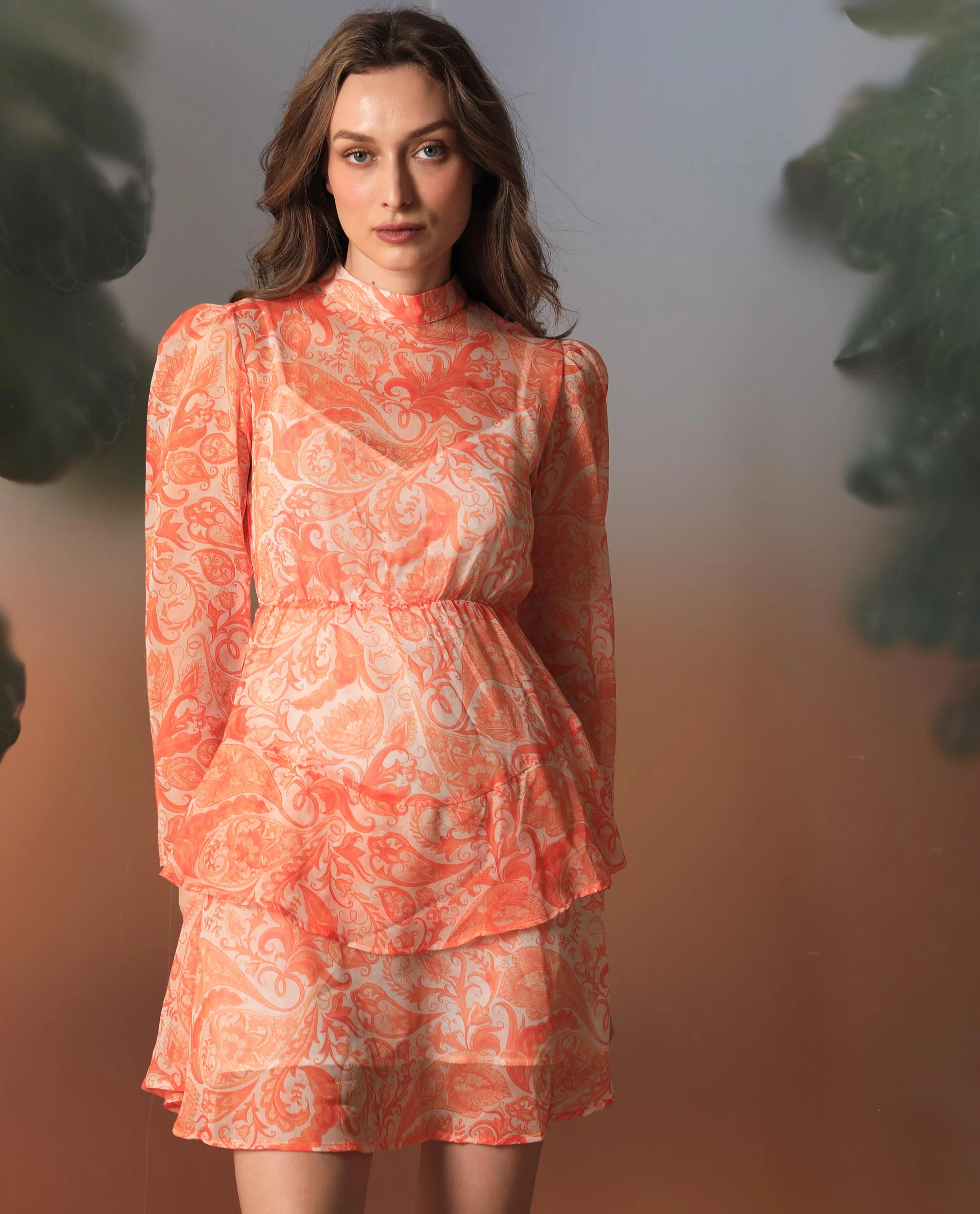 Rareism Women's Claris Orange Cotton High Neck Paisley Print Knee Length Regular Fit Dress - Image 8