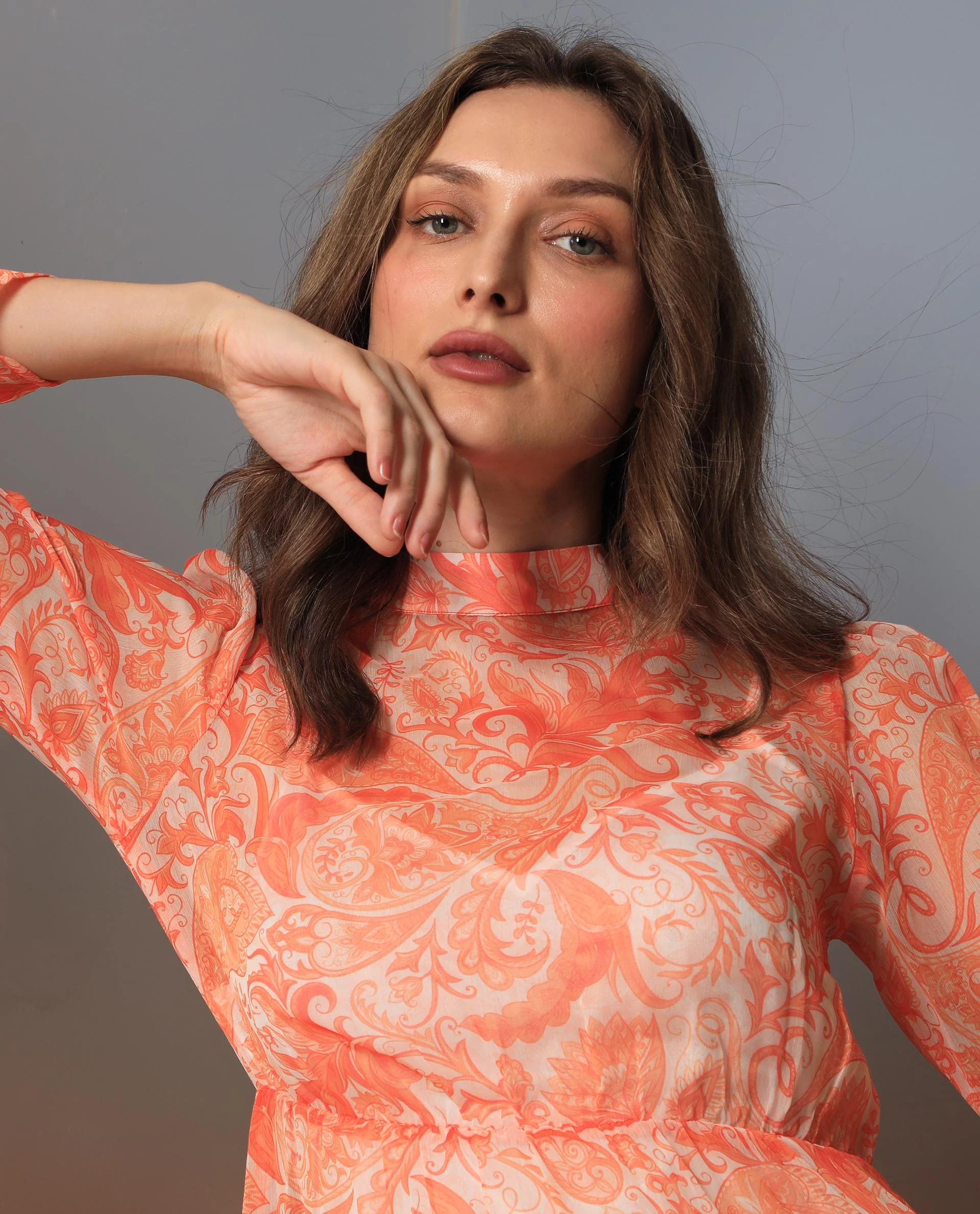 Rareism Women's Claris Orange Cotton High Neck Paisley Print Knee Length Regular Fit Dress - Image 9