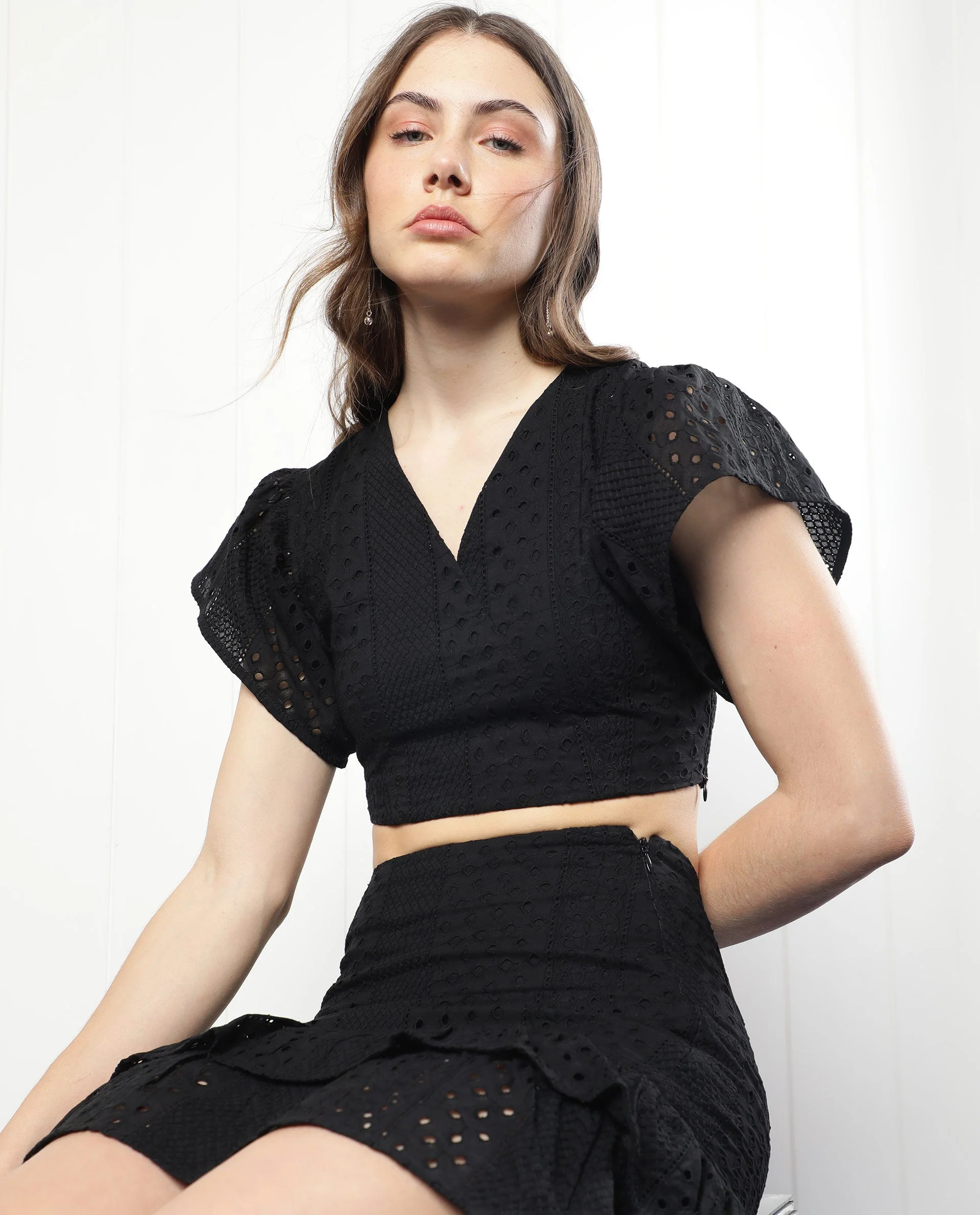 Rareism Women's Clarissa Black Cotton Schiffli Midi Slim Fit Skirt - Image 2