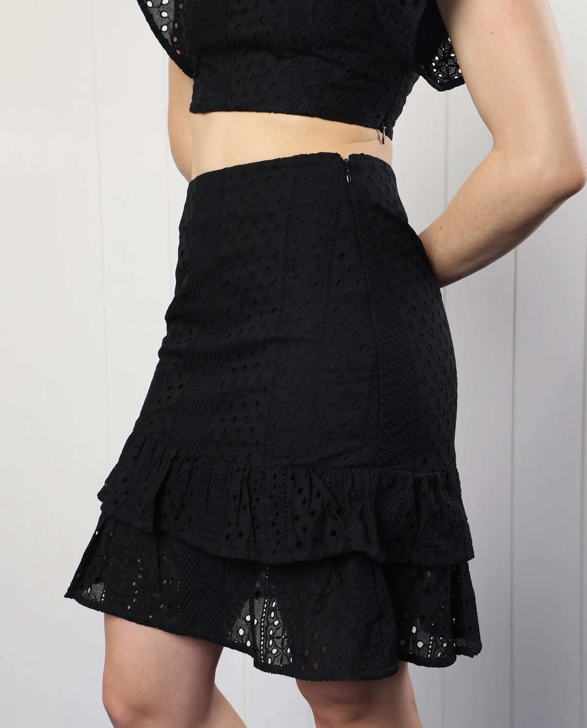 Rareism Women's Clarissa Black Cotton Schiffli Midi Slim Fit Skirt - Image 4