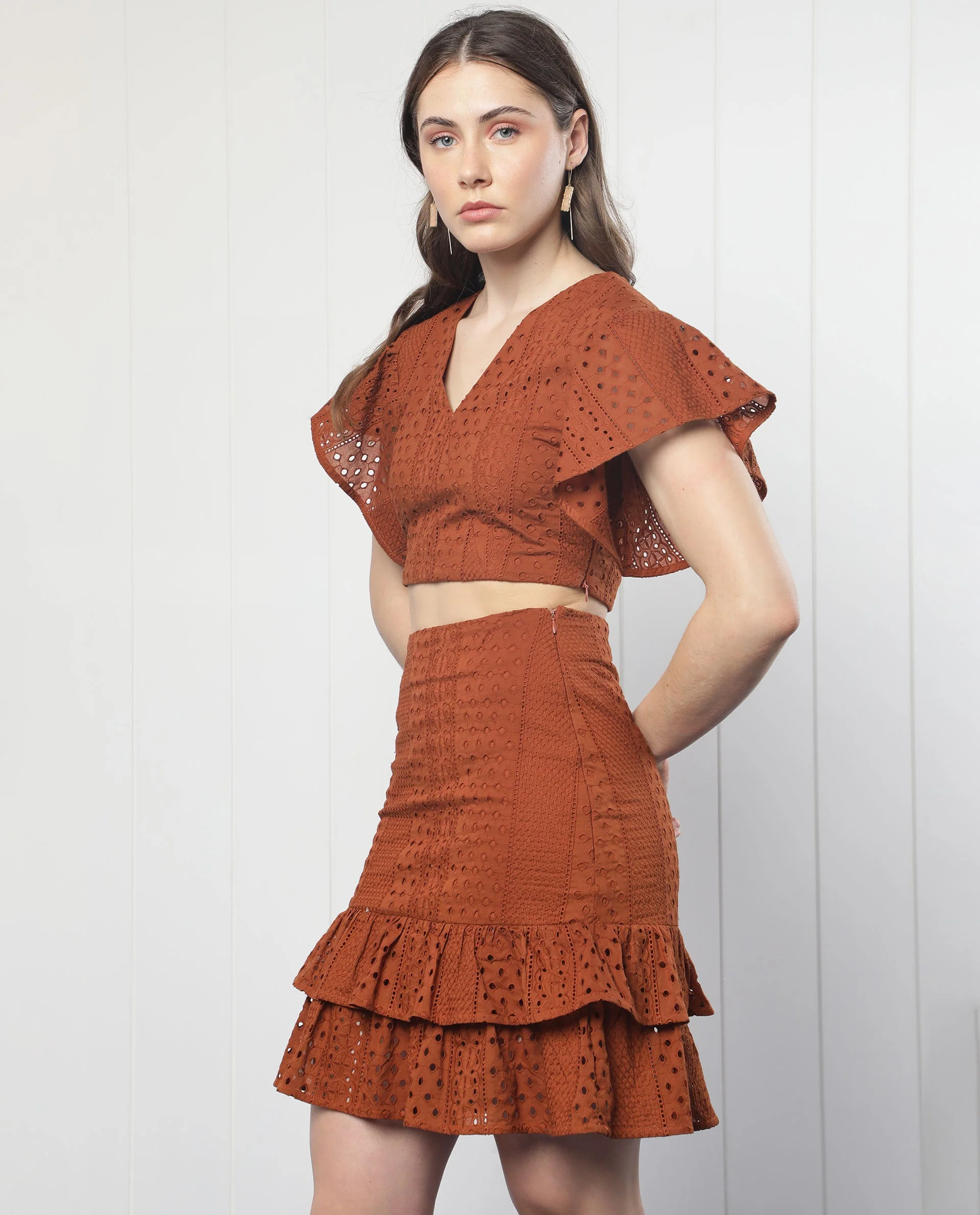 Rareism Women's Clarissa Rust Cotton Schiffli Midi Slim Fit Skirt - Image 3