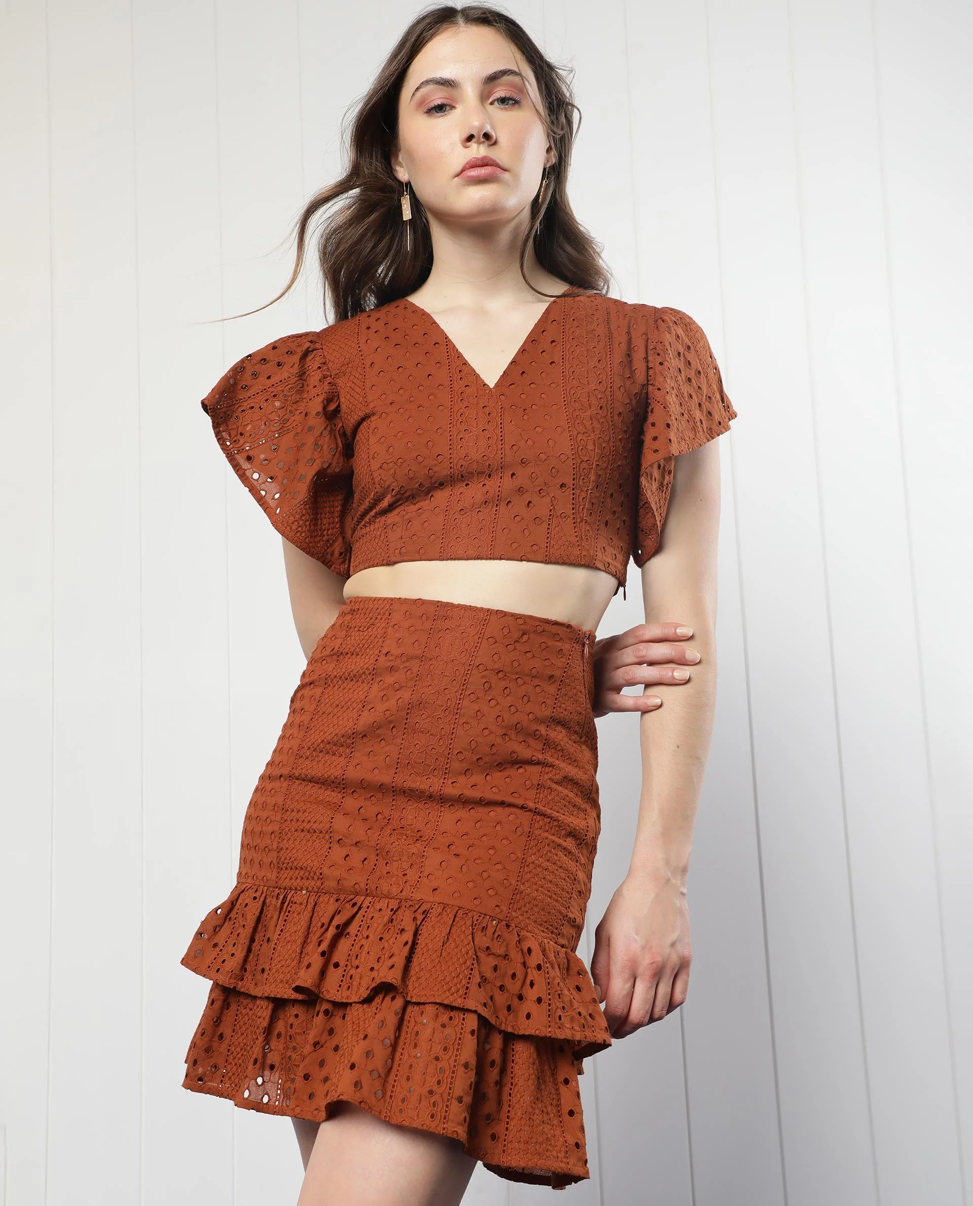 Rareism Women's Clarissa Rust Cotton Schiffli Midi Slim Fit Skirt - Image 5