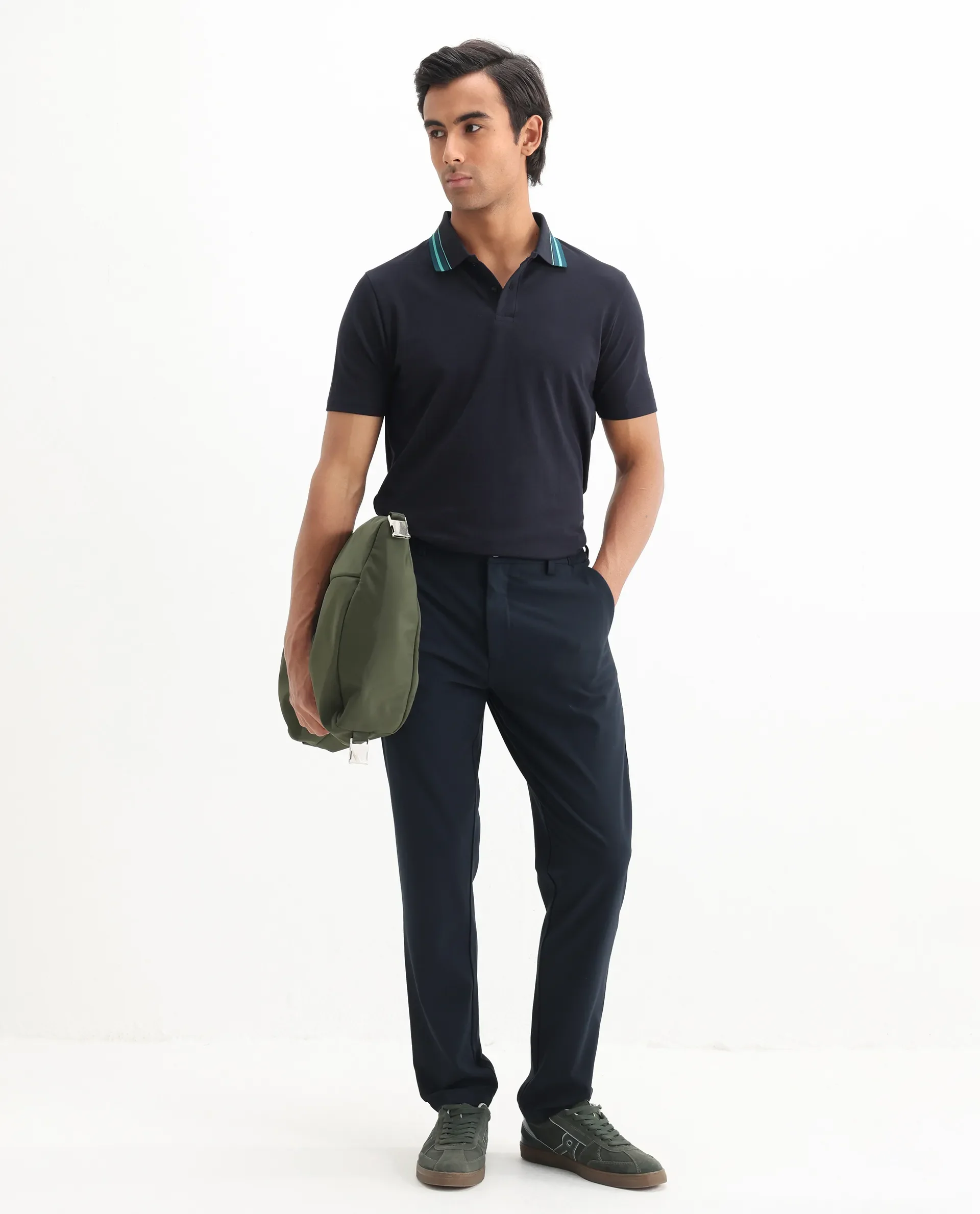 Rare Rabbit Men's Clark Dark Navy Cotton Plain Regular Fit Half Sleeve Polo - Image 2
