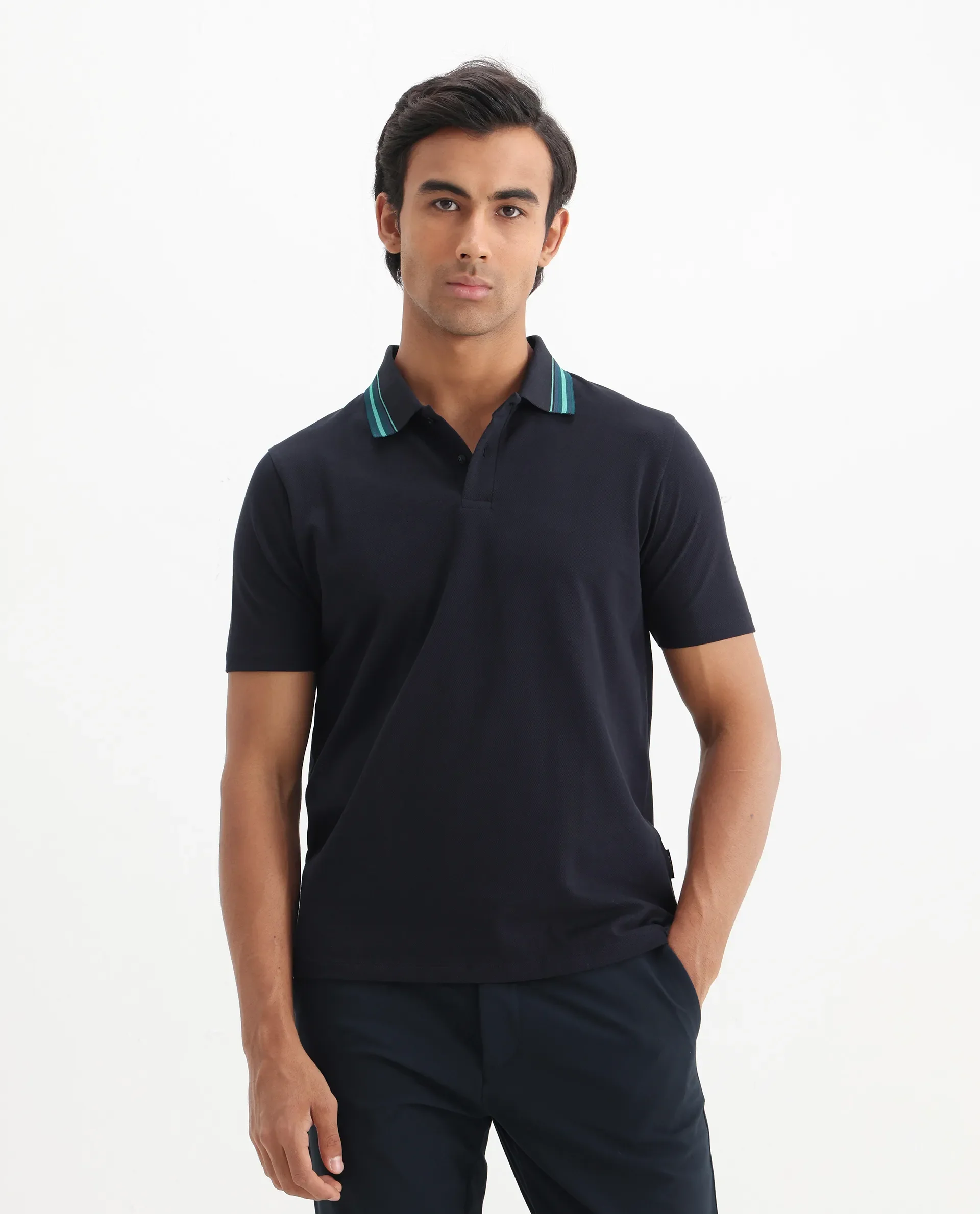 Rare Rabbit Men's Clark Dark Navy Cotton Plain Regular Fit Half Sleeve Polo - Image 3