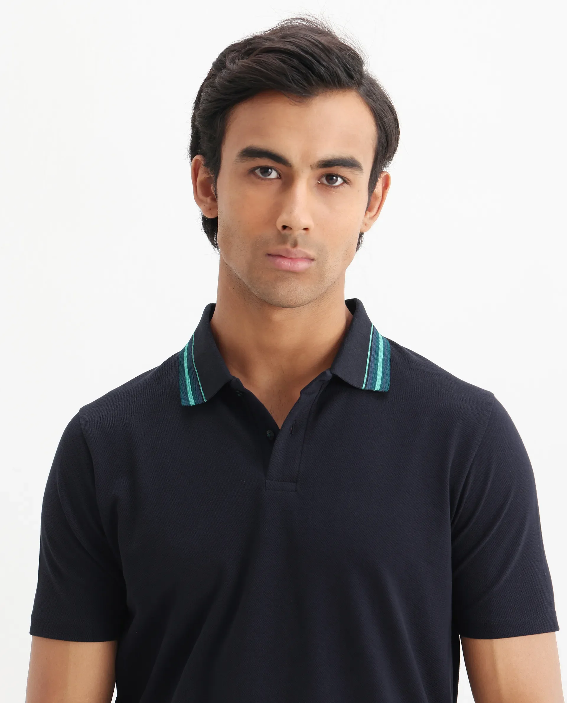 Rare Rabbit Men's Clark Dark Navy Cotton Plain Regular Fit Half Sleeve Polo - Image 4