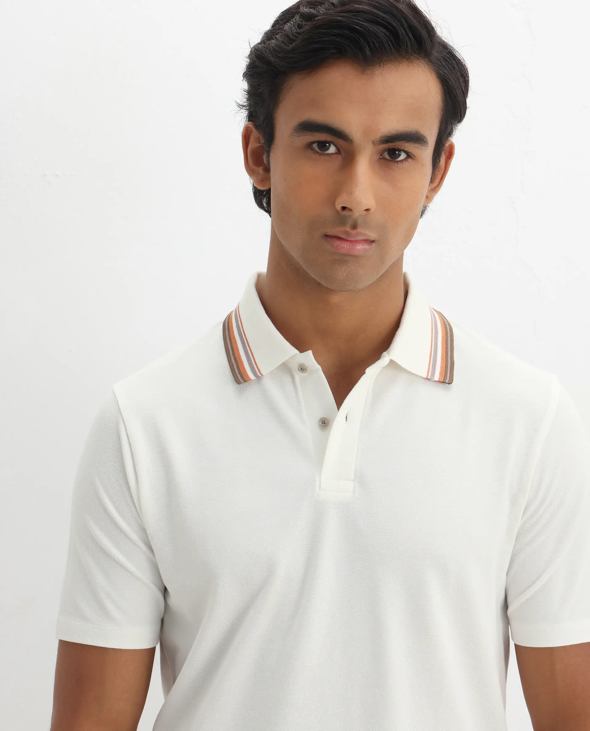Rare Rabbit Men's Clark Off White Cotton Plain Regular Fit Half Sleeve Polo - Image 4