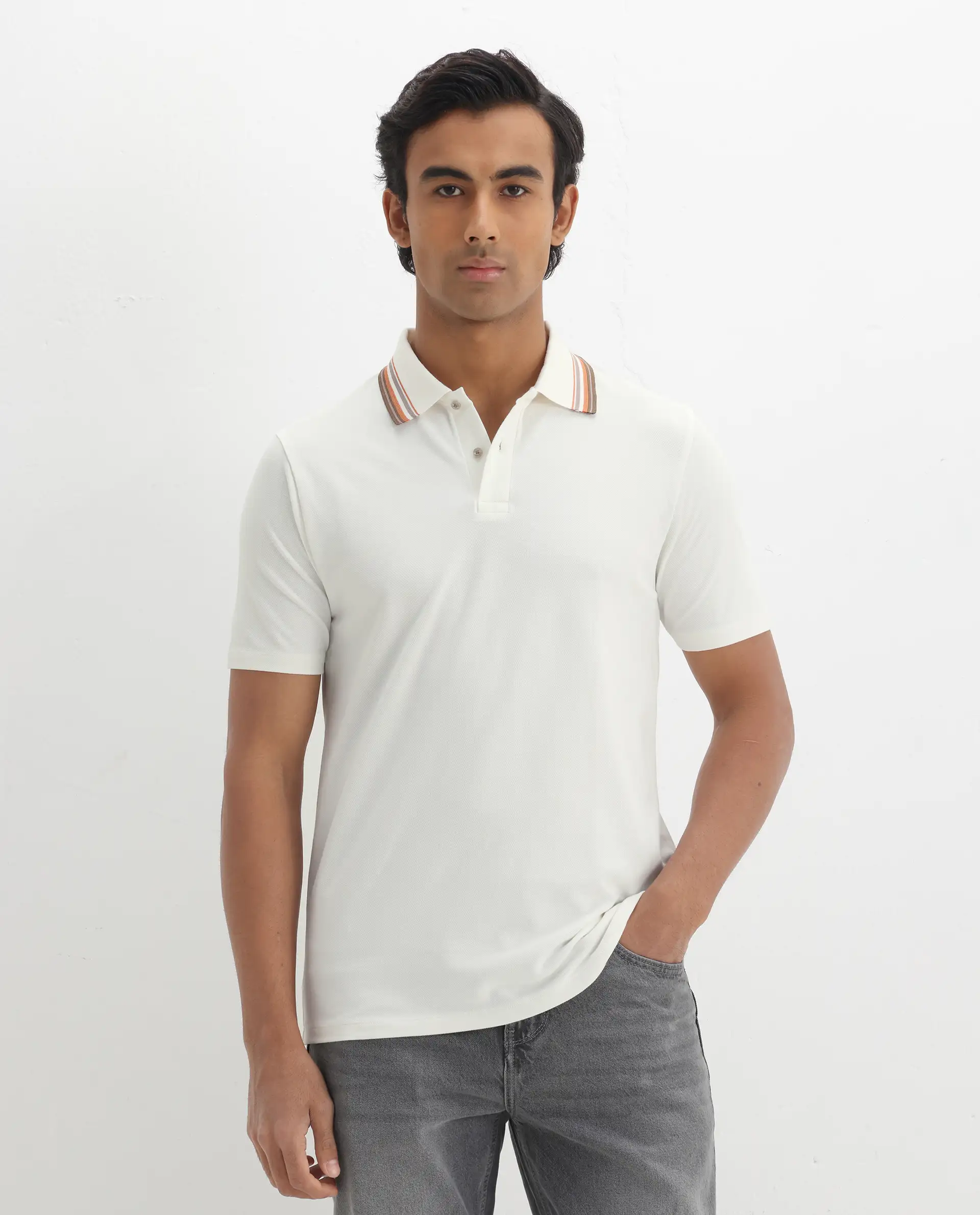 Rare Rabbit Men's Clark Off White Cotton Plain Regular Fit Half Sleeve Polo - Image 5