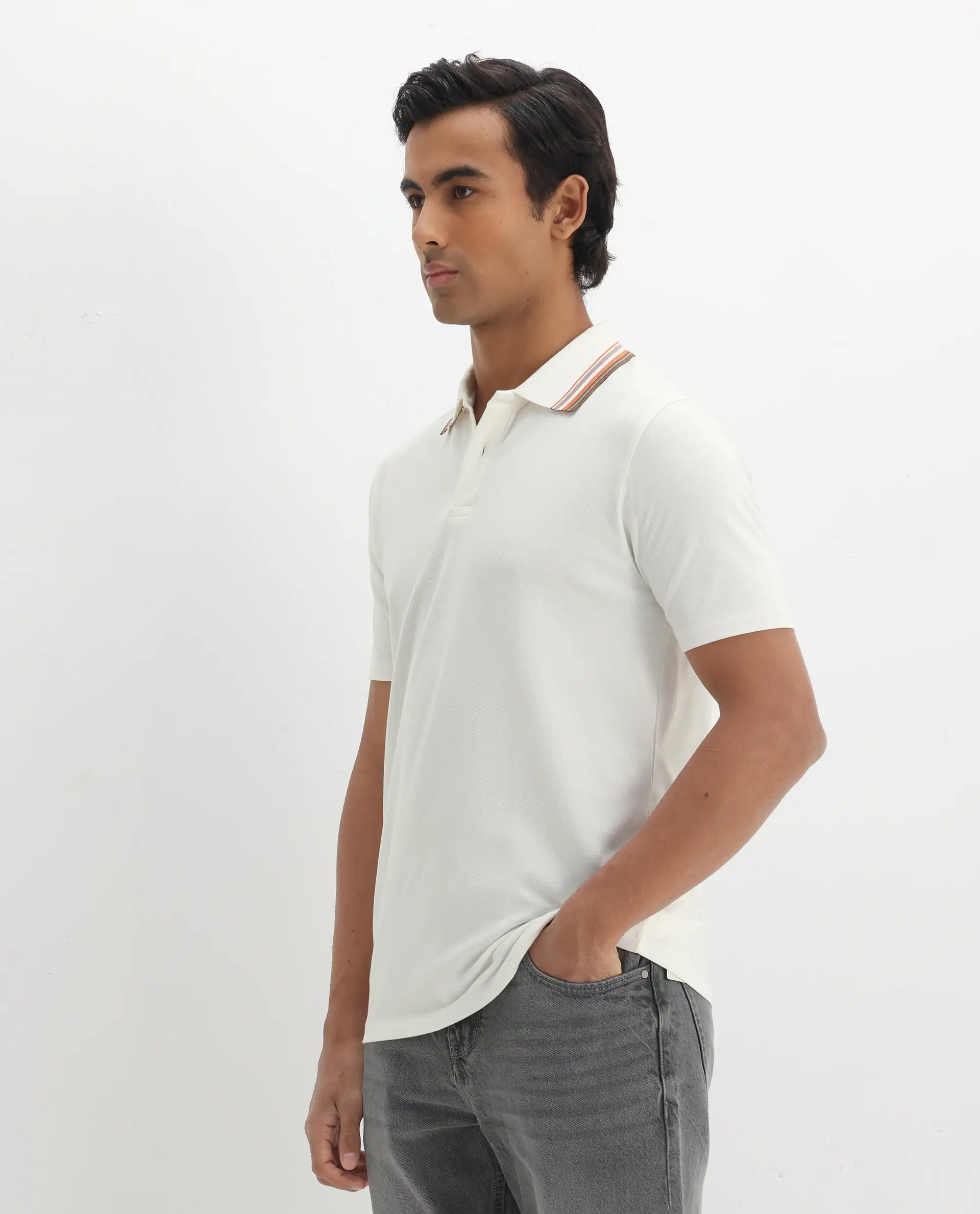 Rare Rabbit Men's Clark Off White Cotton Plain Regular Fit Half Sleeve Polo - Image 6