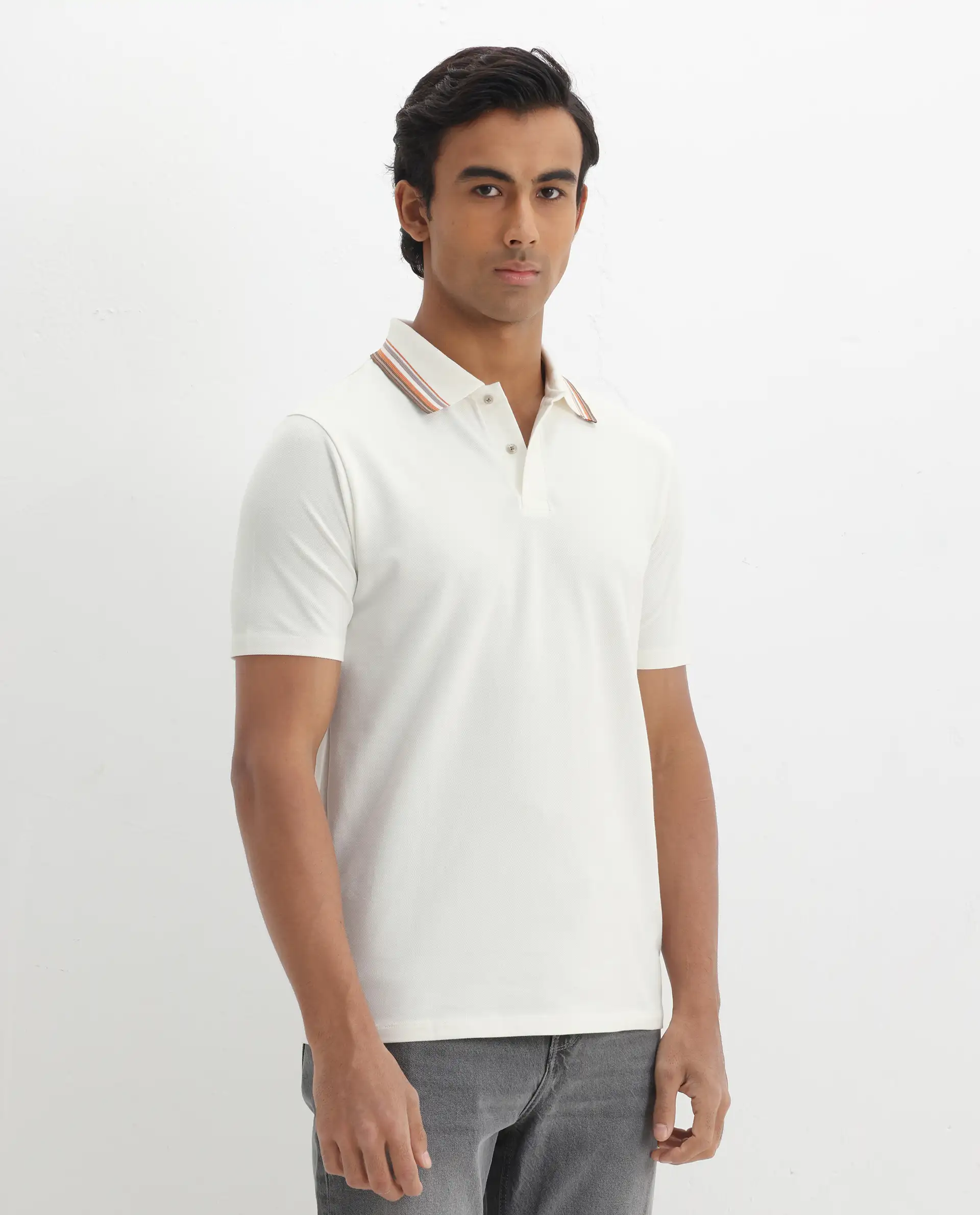 Rare Rabbit Men's Clark Off White Cotton Plain Regular Fit Half Sleeve Polo - Image 7
