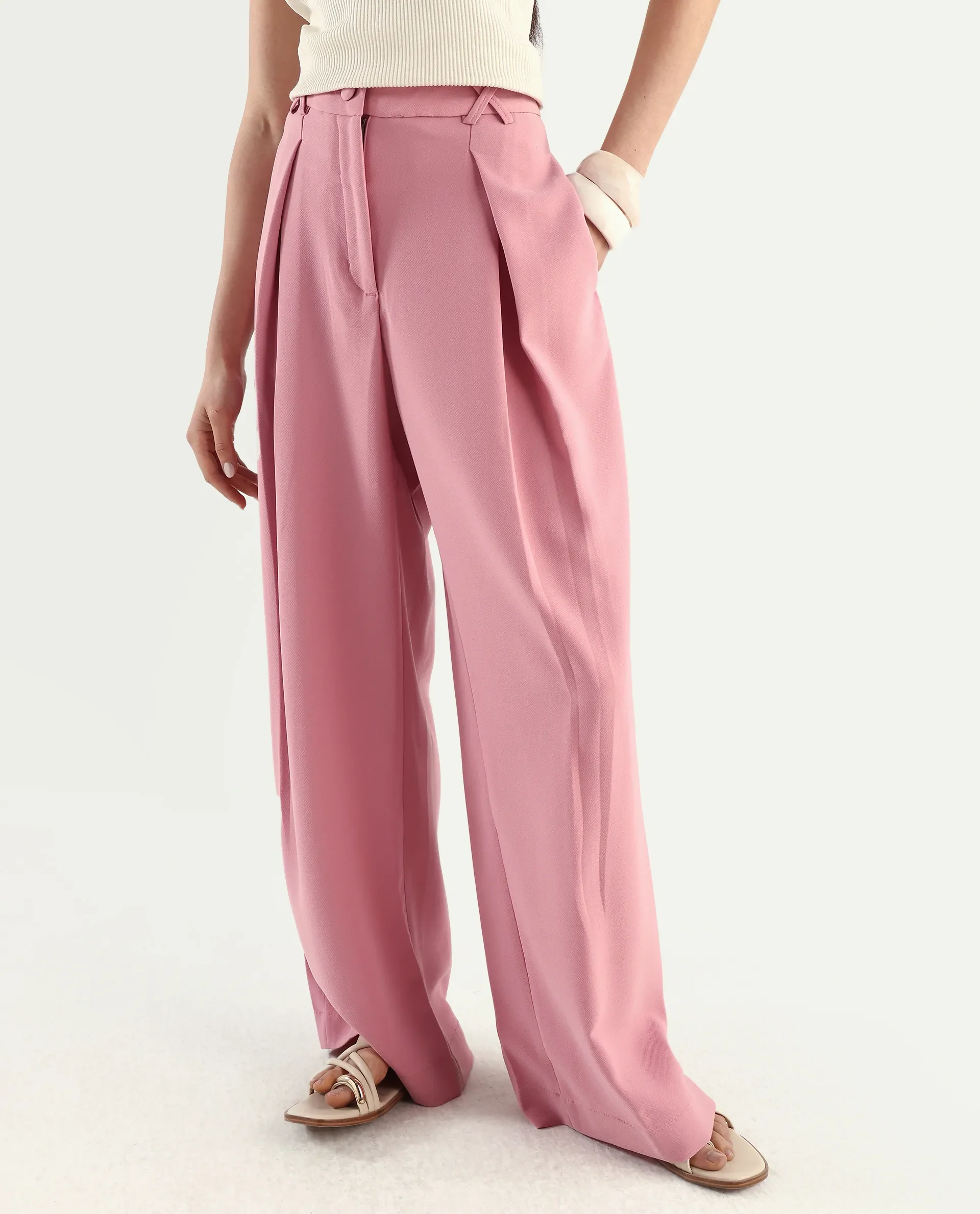 Rareism Women's Pink Poly Lycra Plain Ankle Length Wide Trouser - Image 2