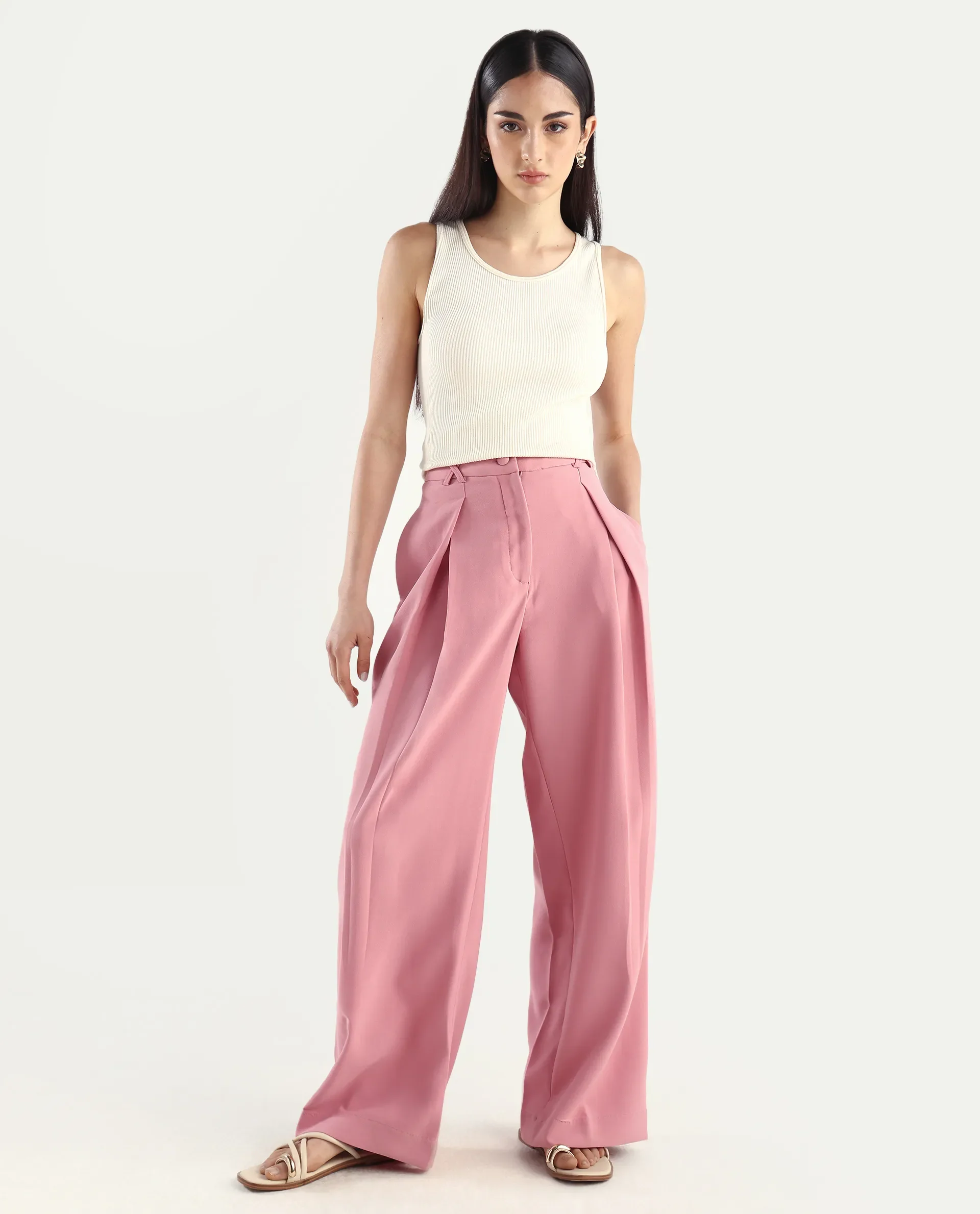 Rareism Women's Pink Poly Lycra Plain Ankle Length Wide Trouser - Image 3