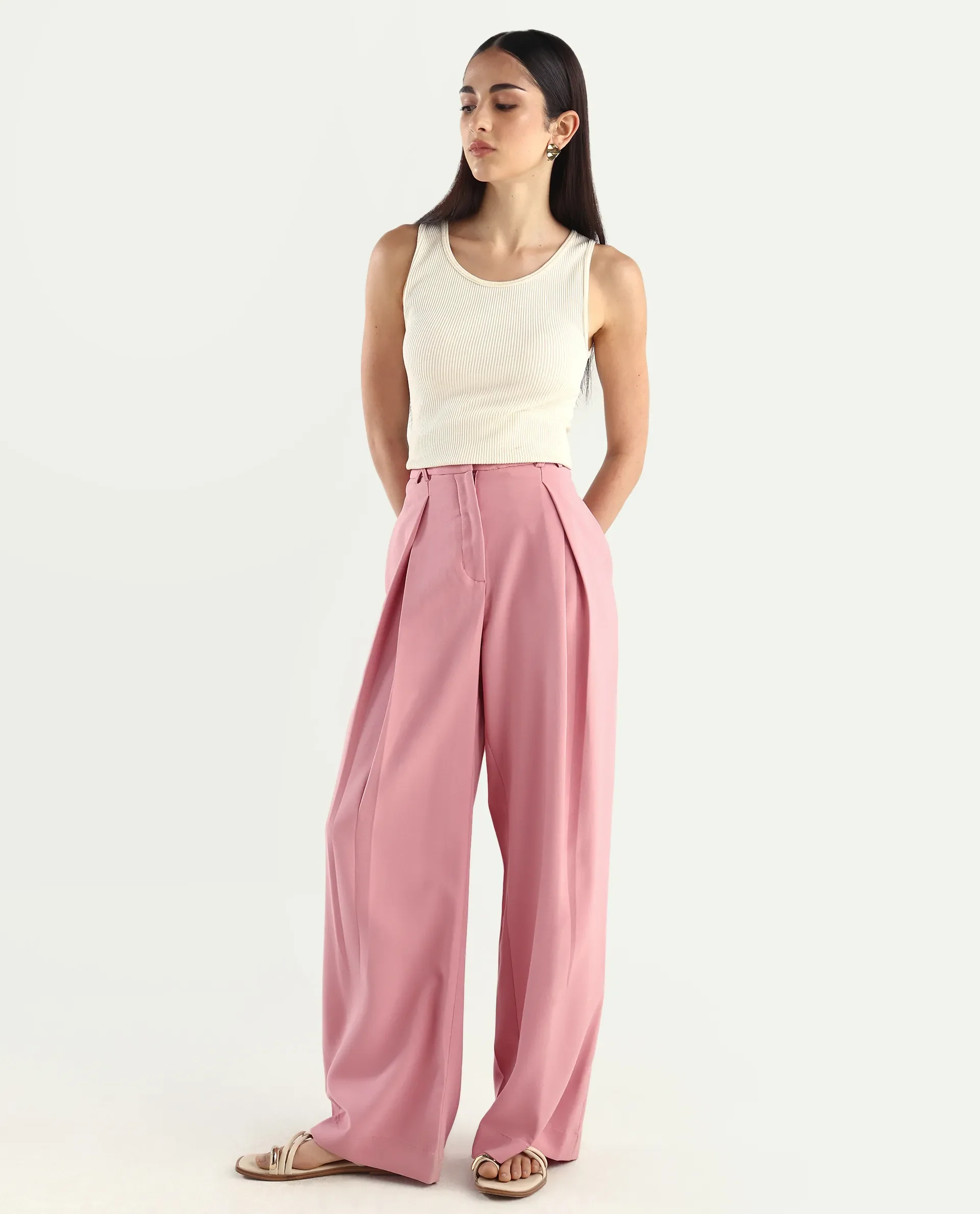 Rareism Women's Pink Poly Lycra Plain Ankle Length Wide Trouser - Image 6