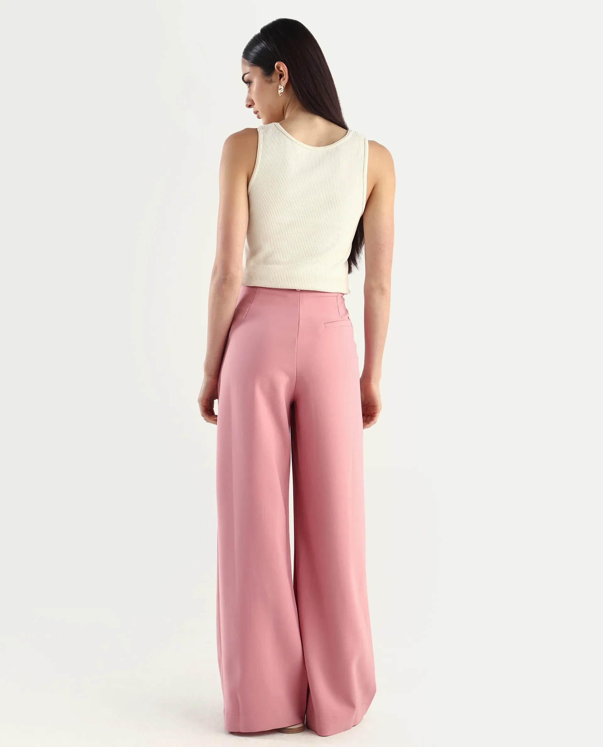 Rareism Women's Pink Poly Lycra Plain Ankle Length Wide Trouser - Image 7