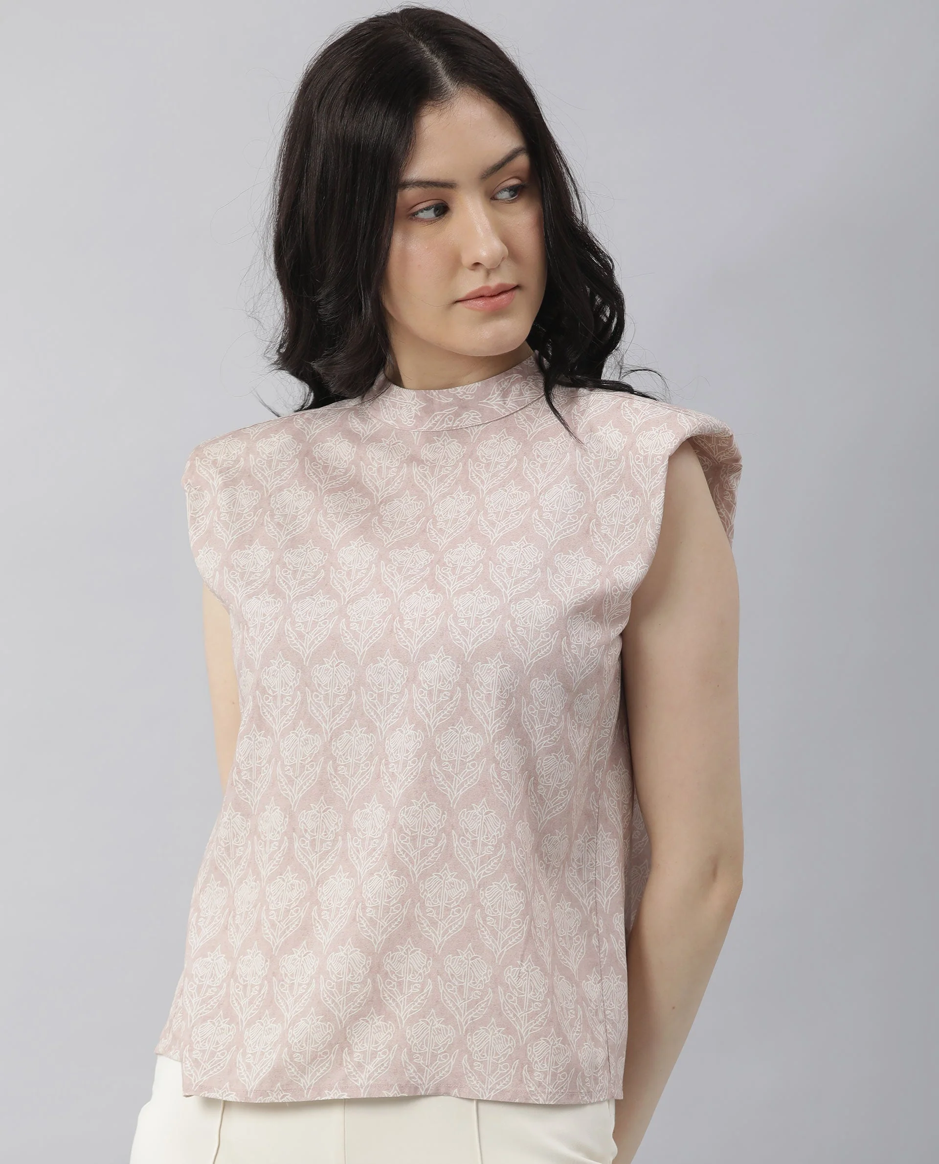 Rareism Womens Classic Pink Floral Printed Top Sleeveless Round Neck - Image 3