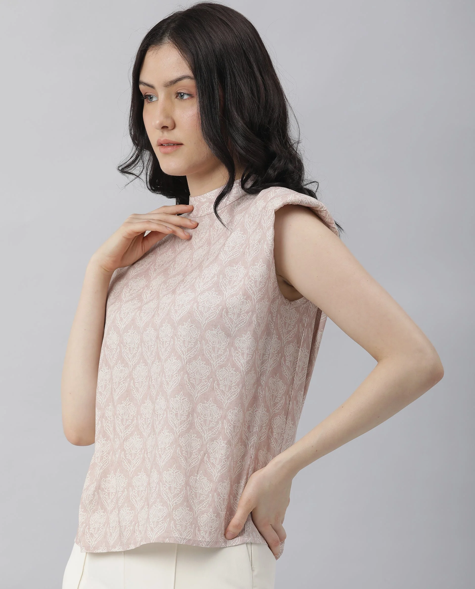 Rareism Womens Classic Pink Floral Printed Top Sleeveless Round Neck - Image 4