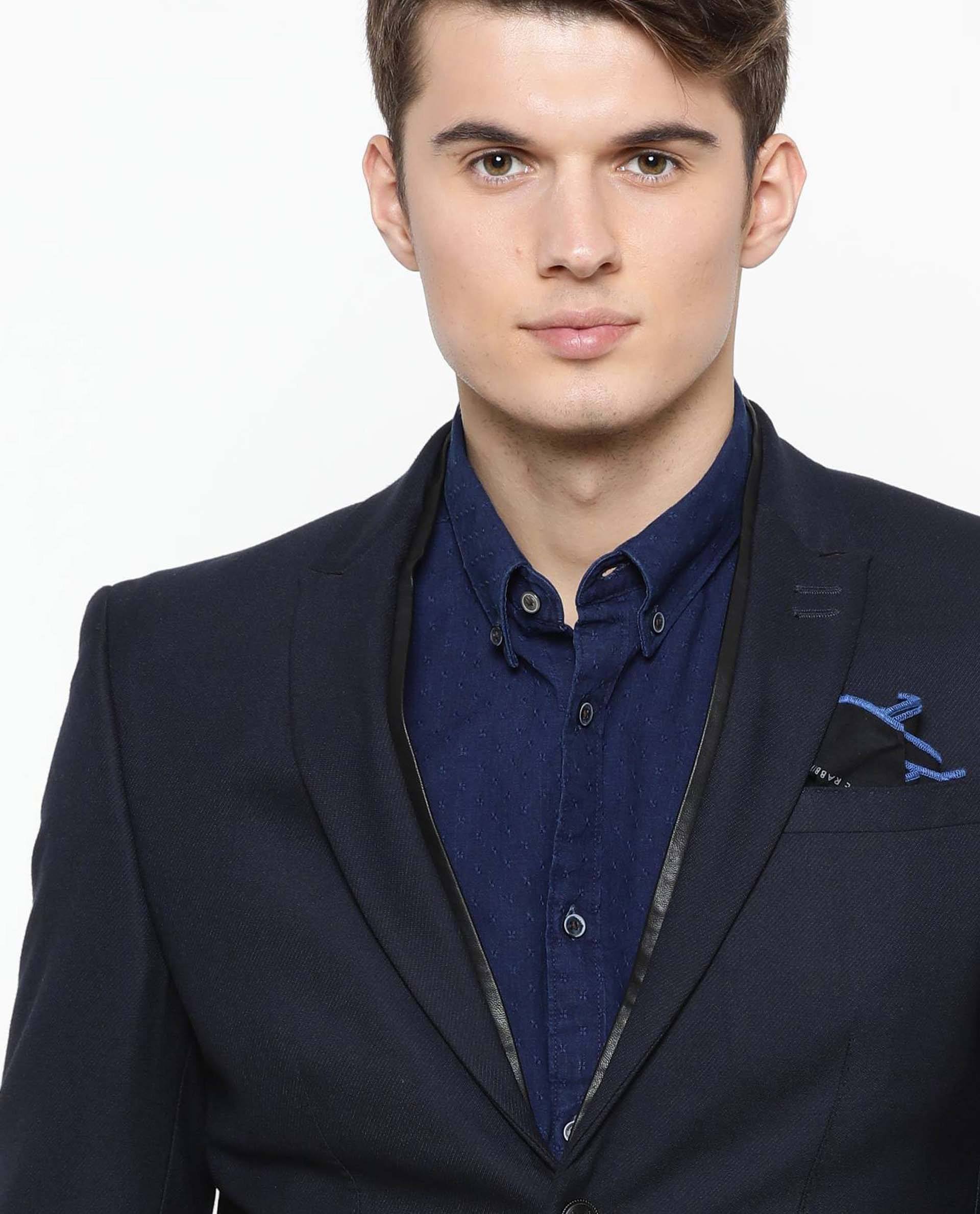 Rare Rabbit Men's Classico Navy Polyester Plain Tailored Fit Full Sleeve Lapel Neck Blazer