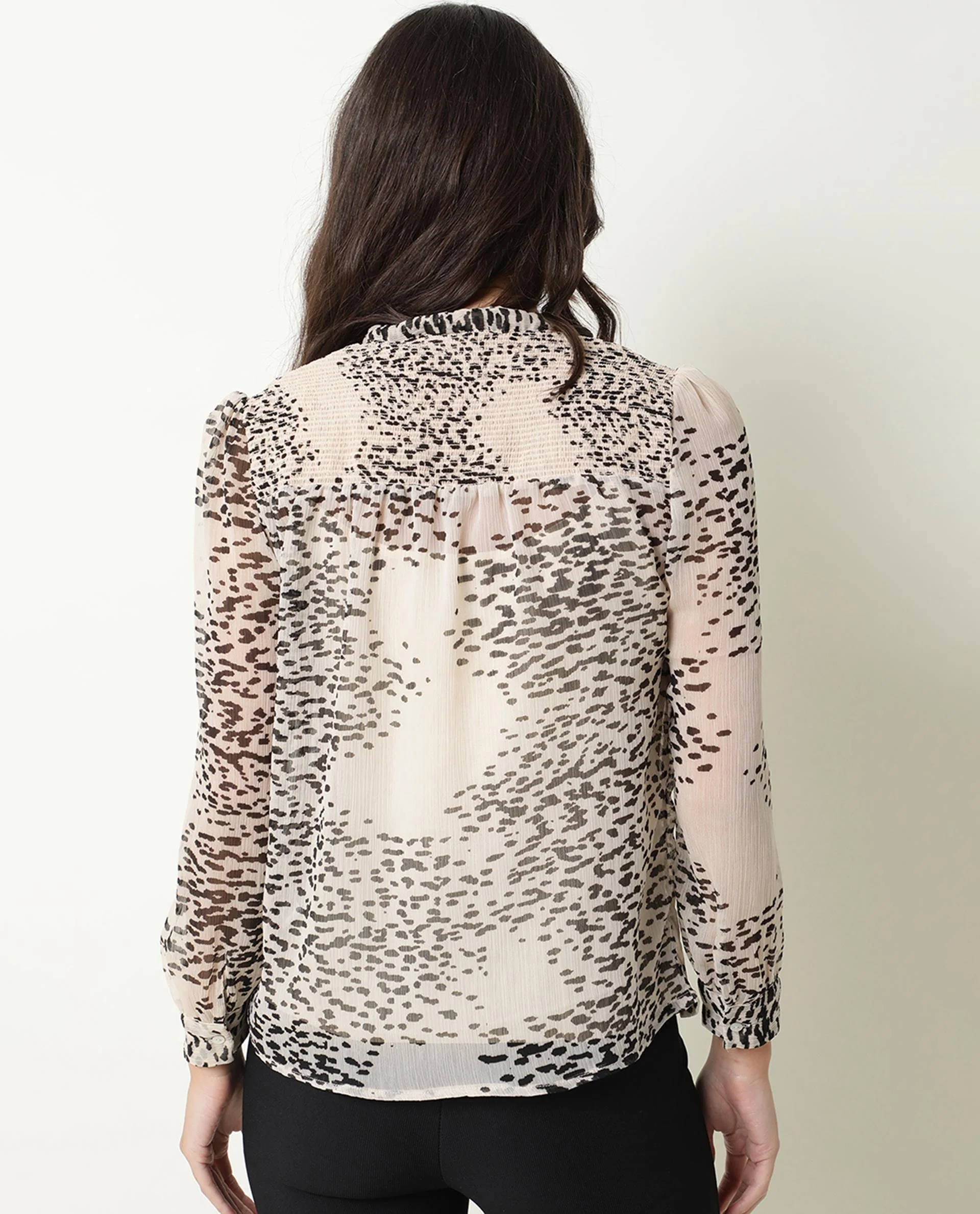 Rareism Women's Claude Beige Polyester Tie-Up Neck Abstract Print Regular Fit Top - Image 10