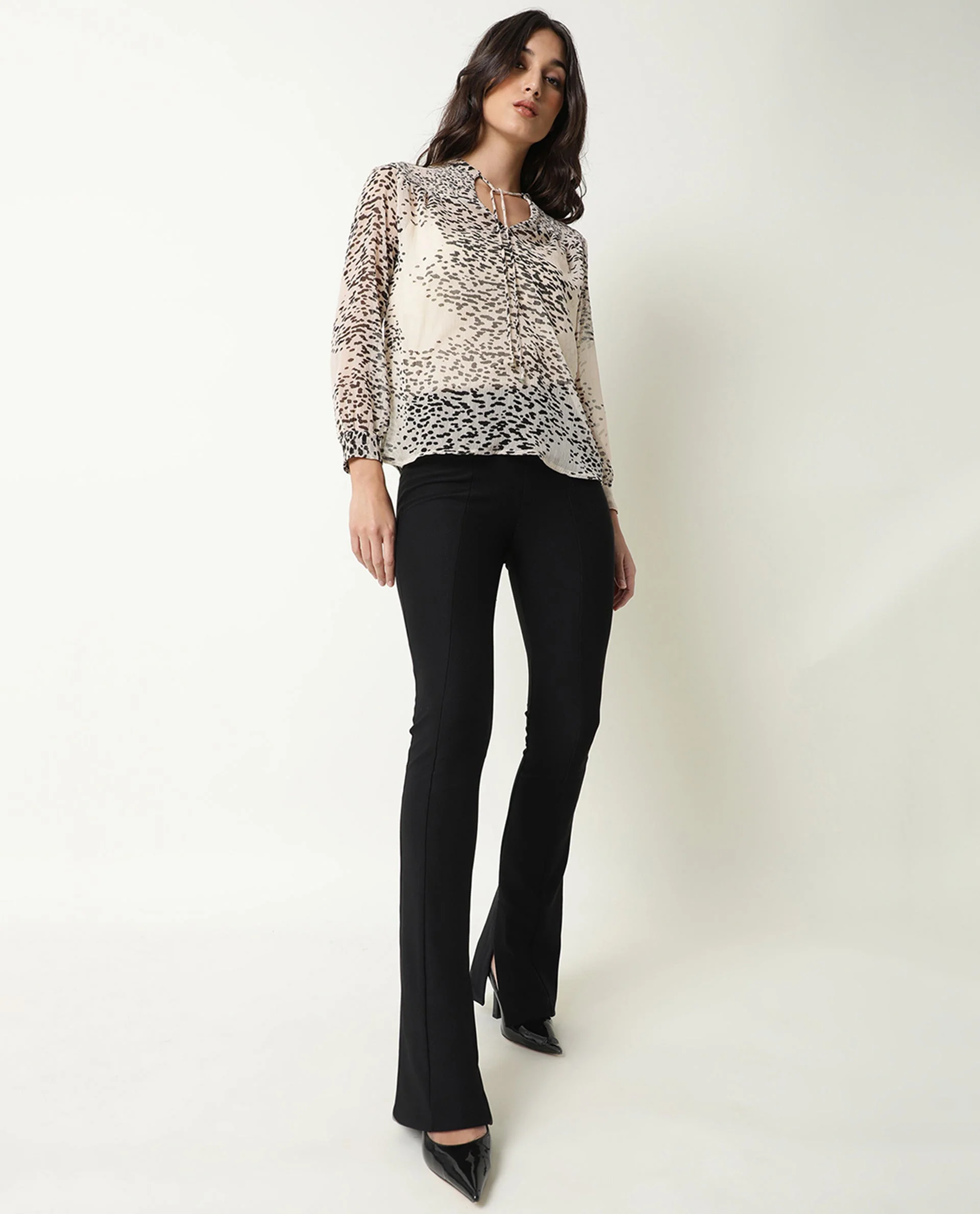 Rareism Women's Claude Beige Polyester Tie-Up Neck Abstract Print Regular Fit Top - Image 2