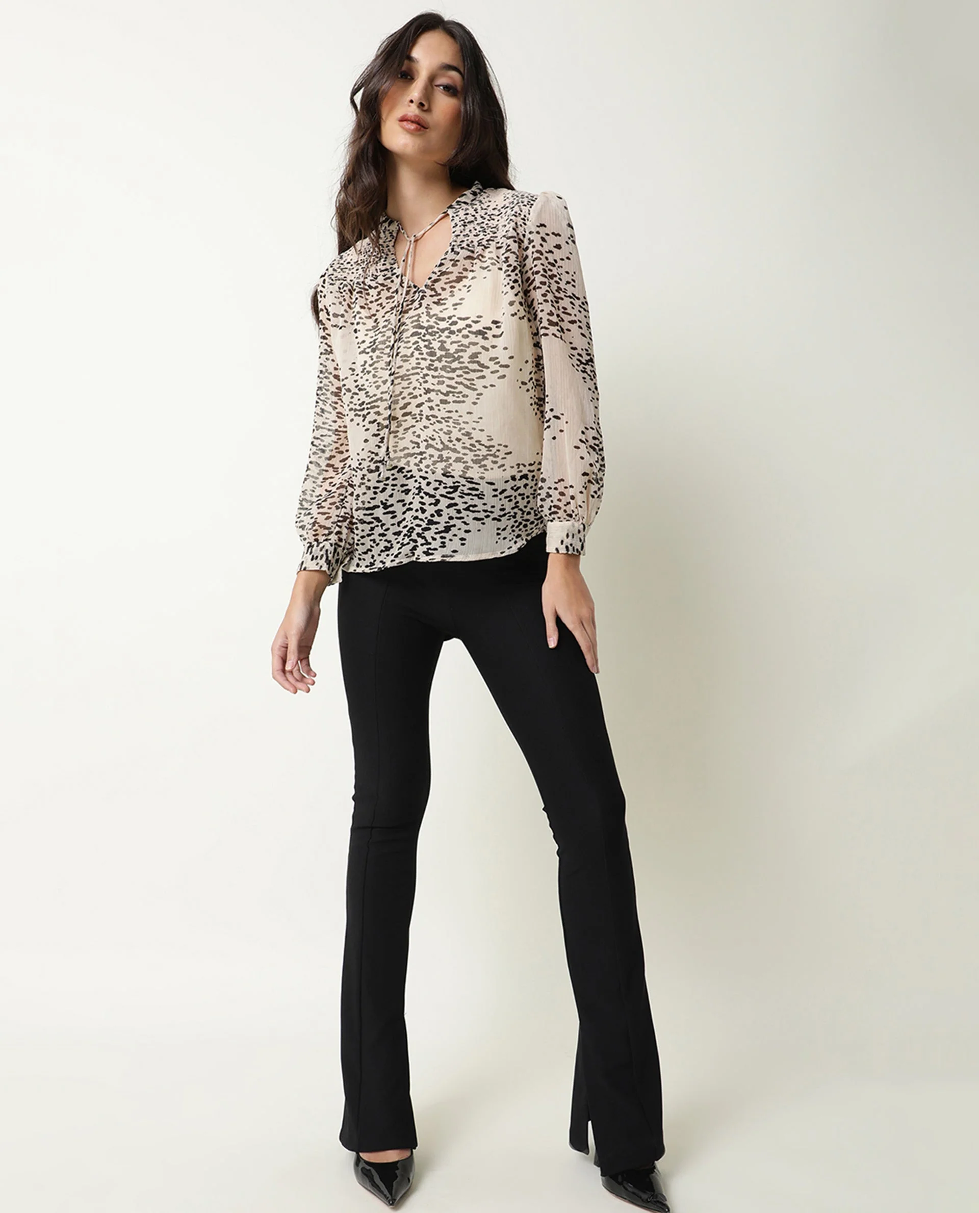 Rareism Women's Claude Beige Polyester Tie-Up Neck Abstract Print Regular Fit Top - Image 3