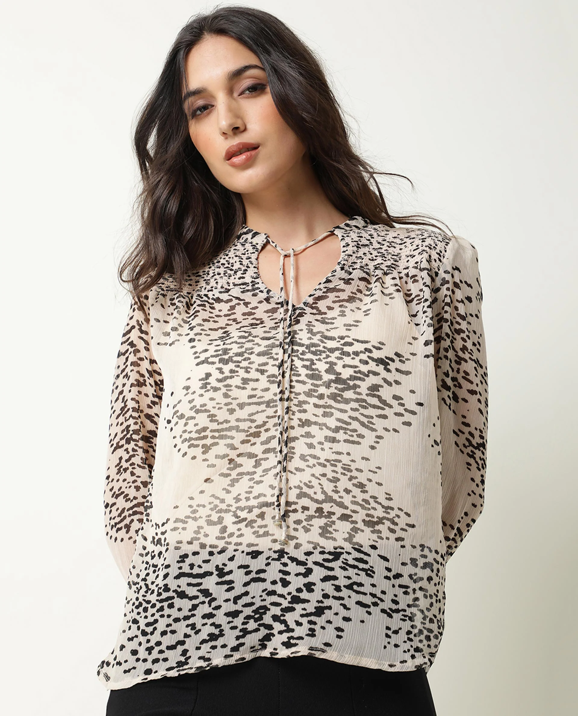 Rareism Women's Claude Beige Polyester Tie-Up Neck Abstract Print Regular Fit Top - Image 5