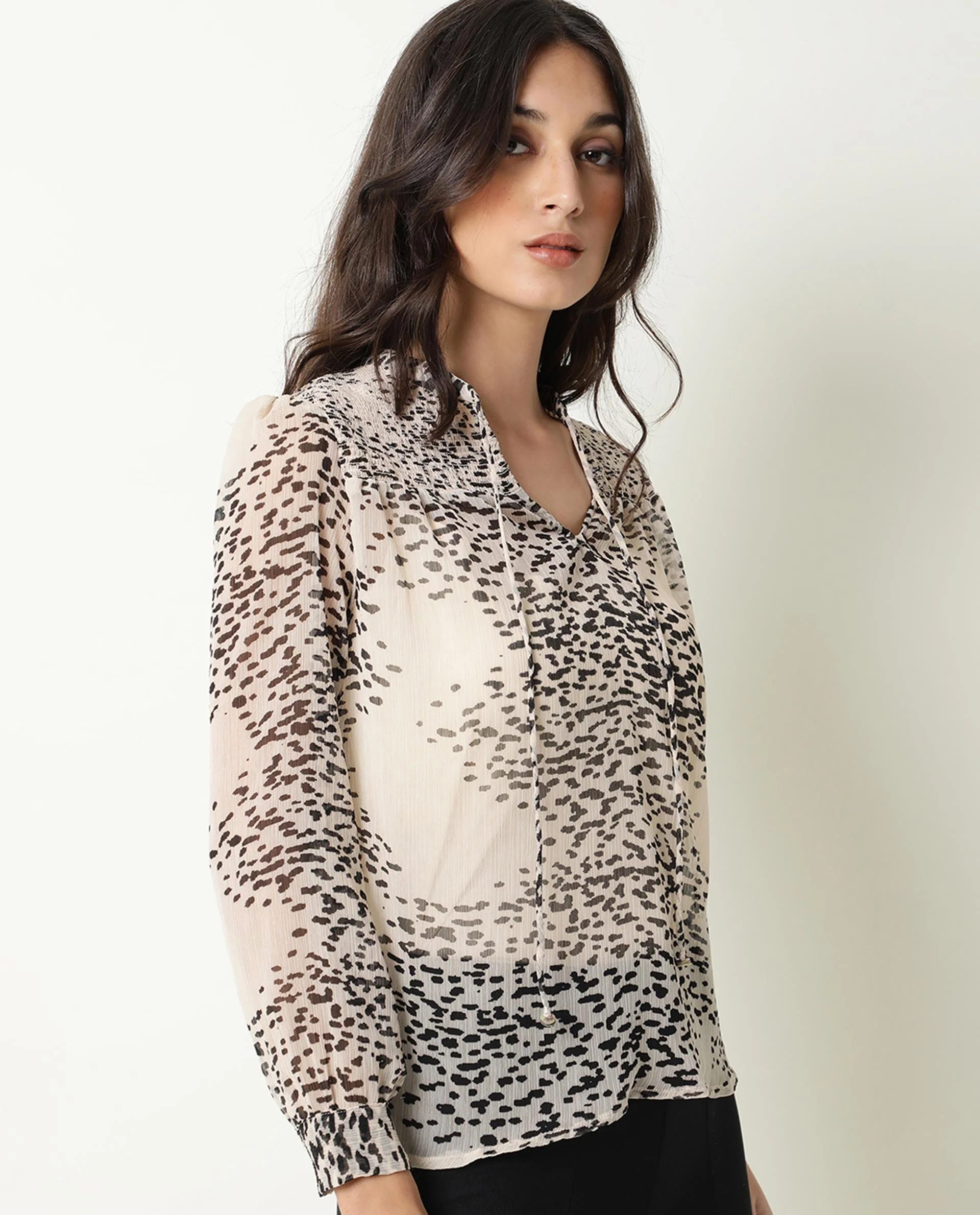 Rareism Women's Claude Beige Polyester Tie-Up Neck Abstract Print Regular Fit Top - Image 6