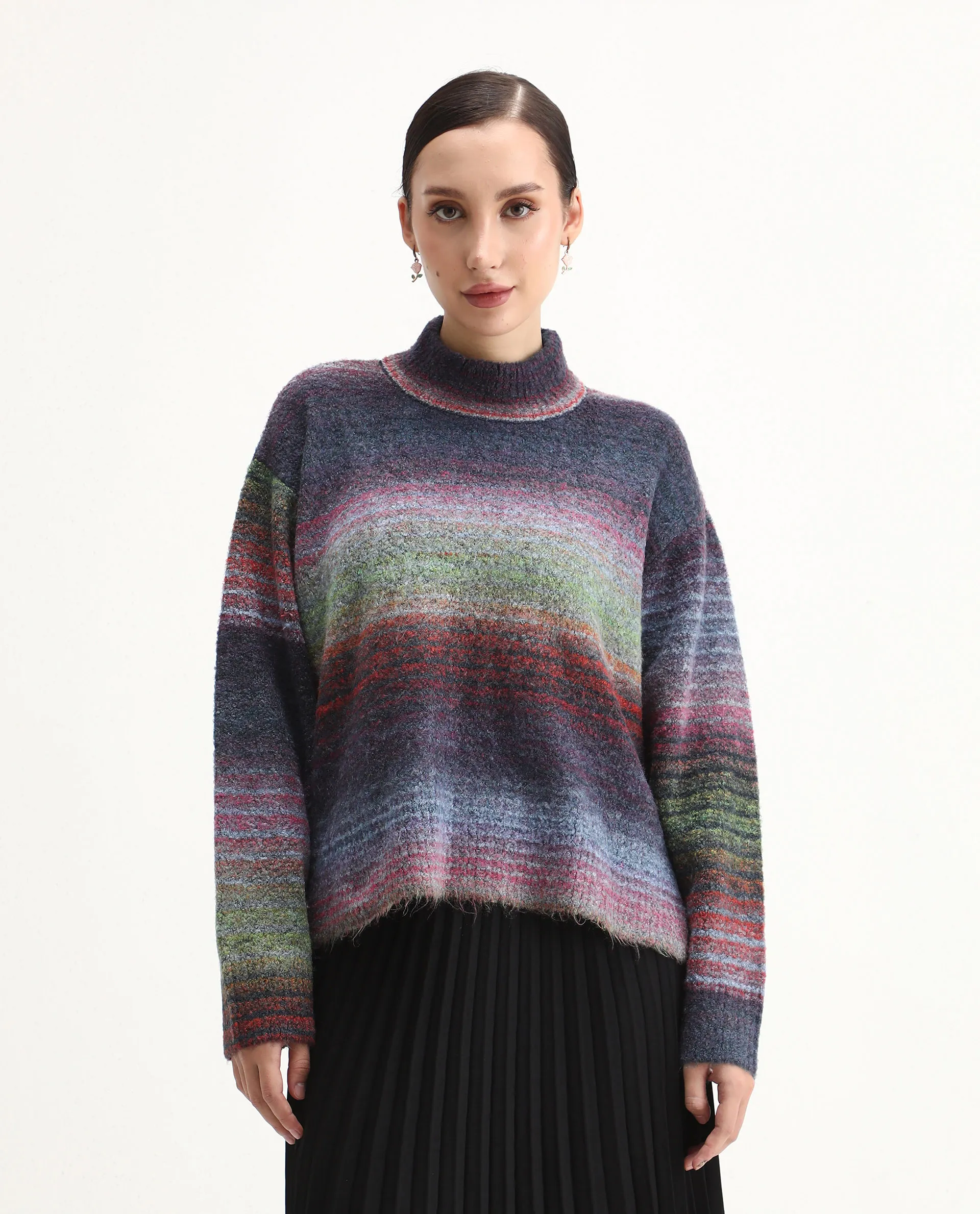 Rareism Women's Claudian Multi Acrylic Blend High Neck Relaxed Fit Ombre Sweater - Image 3