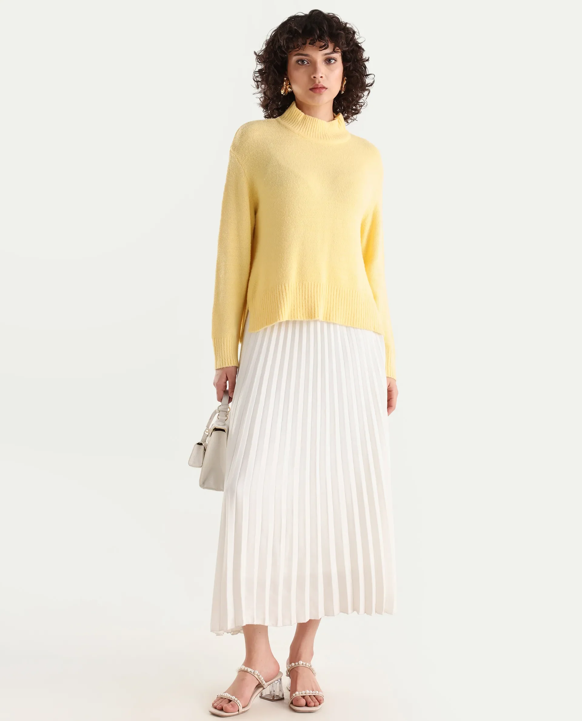 Rareism Women's Clawdia Yellow Acrylic High Neck Plain Relaxed Fit Sweater - Image 2