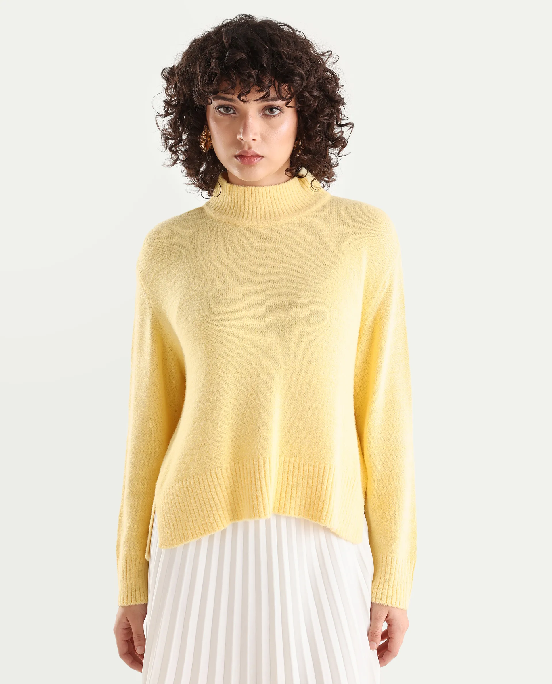 Rareism Women's Clawdia Yellow Acrylic High Neck Plain Relaxed Fit Sweater - Image 3