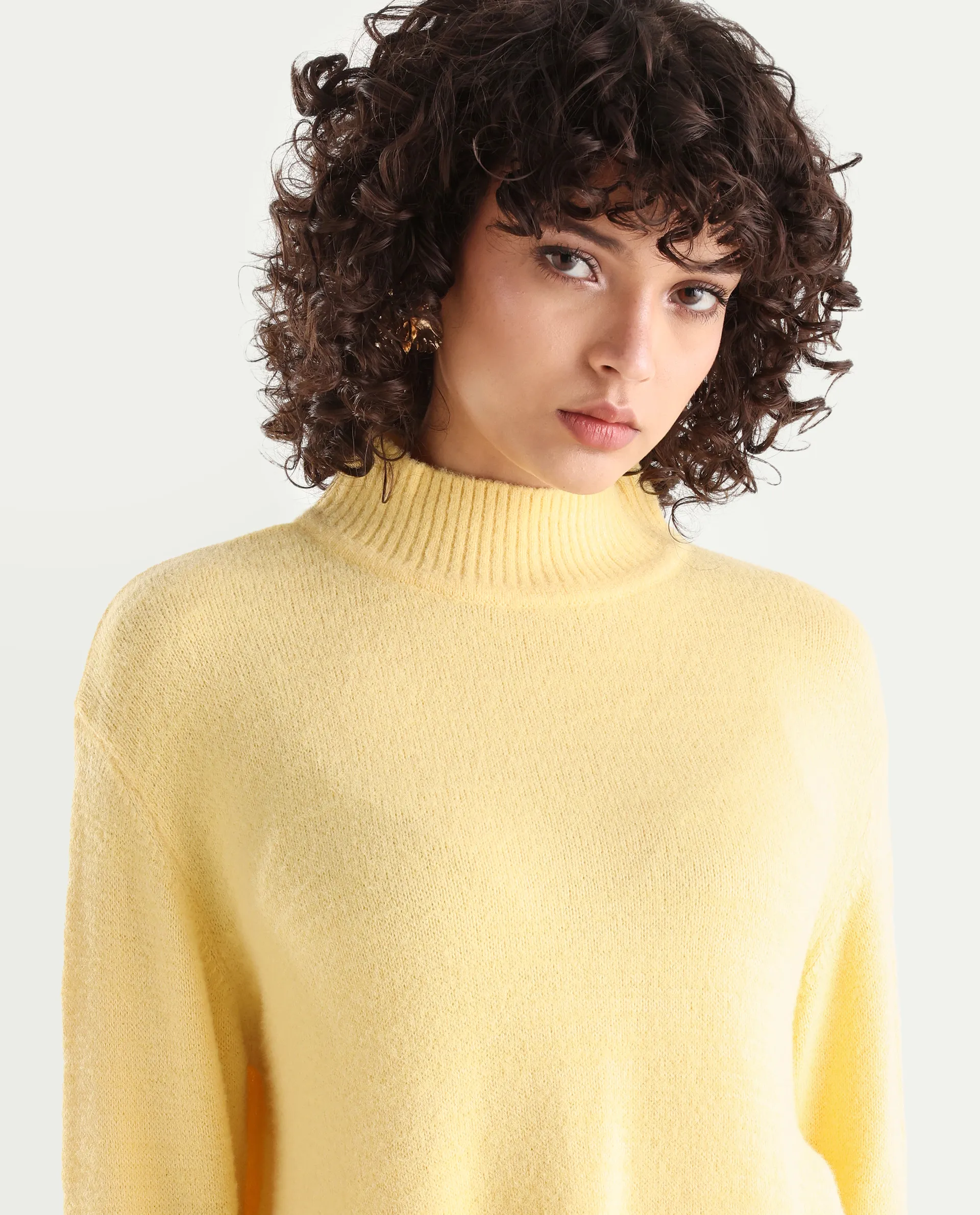 Rareism Women's Clawdia Yellow Acrylic High Neck Plain Relaxed Fit Sweater - Image 4