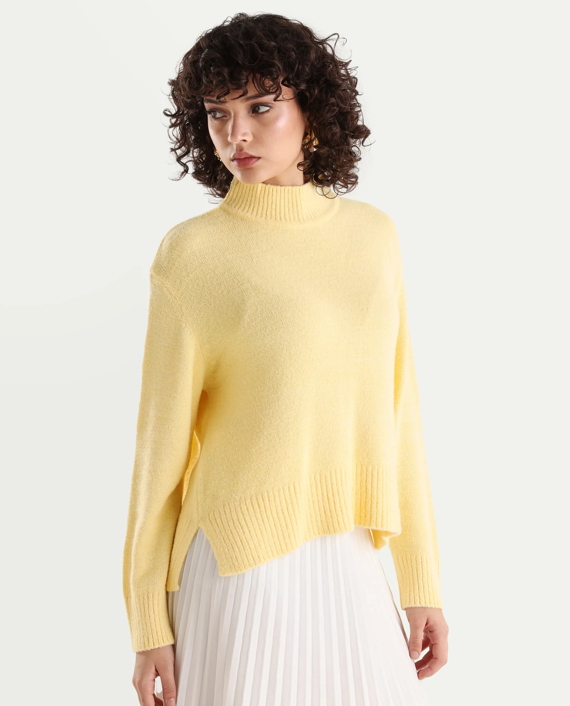 Rareism Women's Clawdia Yellow Acrylic High Neck Plain Relaxed Fit Sweater - Image 5