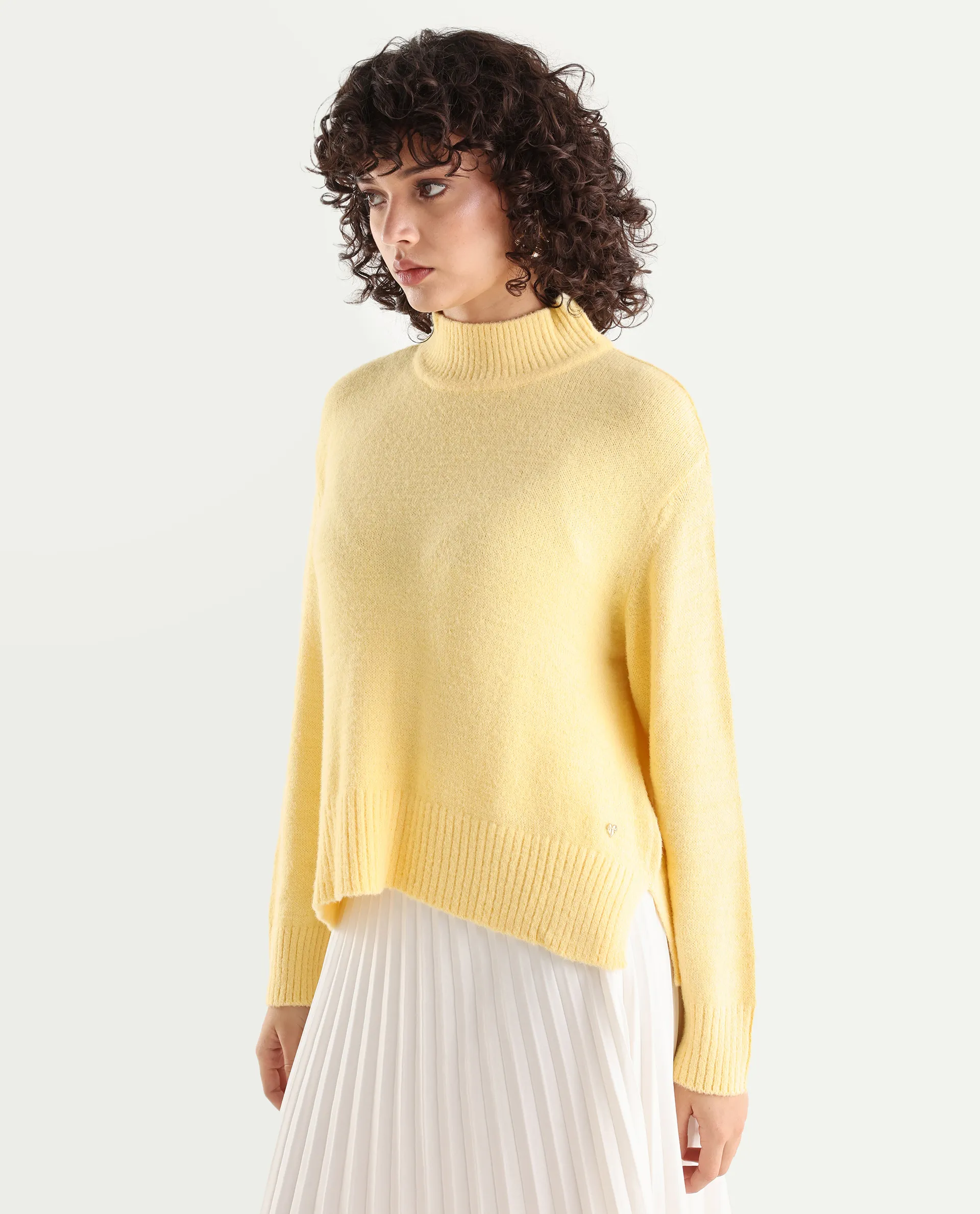 Rareism Women's Clawdia Yellow Acrylic High Neck Plain Relaxed Fit Sweater - Image 7