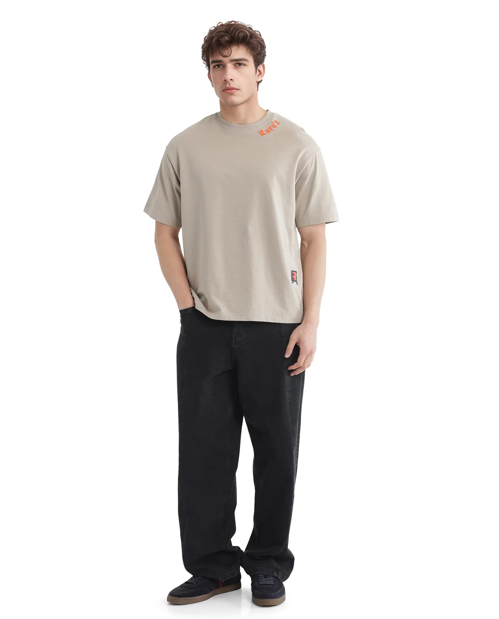Rare Rabbit Men's Clay Beige Cotton Graphic Print Oversized Fit Half Sleeve Crew Neck T-Shirt - Image 2