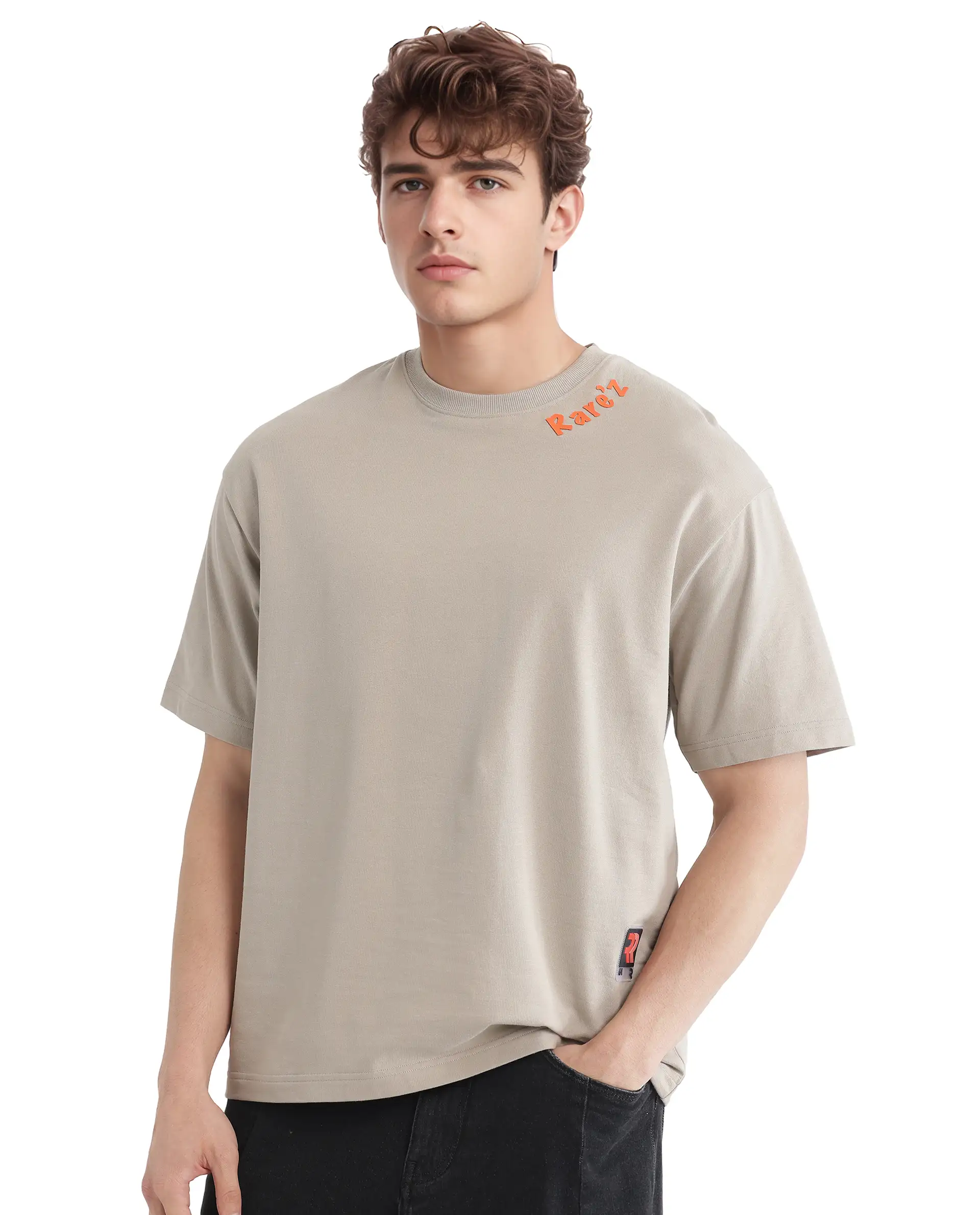 Rare Rabbit Men's Clay Beige Cotton Graphic Print Oversized Fit Half Sleeve Crew Neck T-Shirt - Image 3