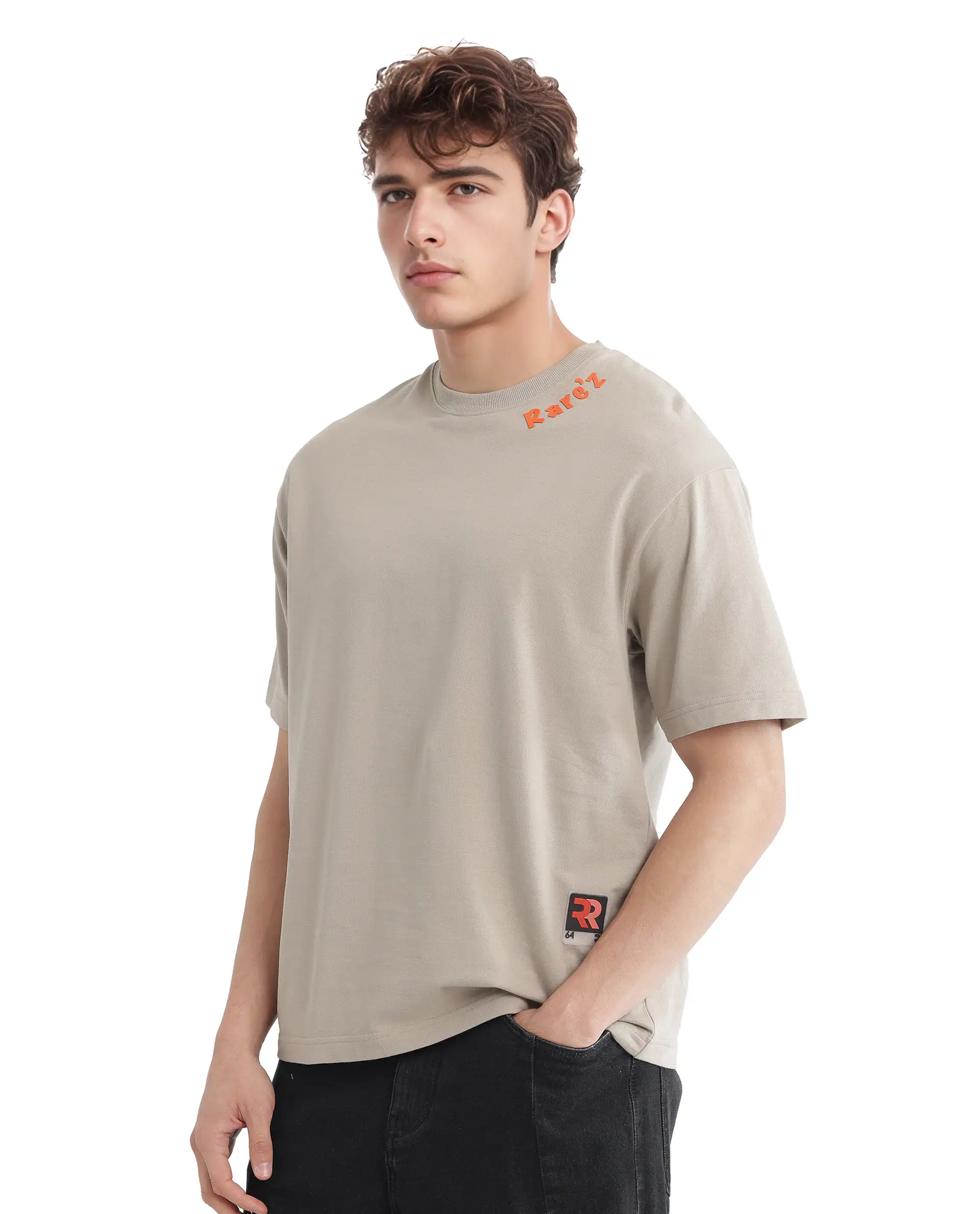Rare Rabbit Men's Clay Beige Cotton Graphic Print Oversized Fit Half Sleeve Crew Neck T-Shirt - Image 4