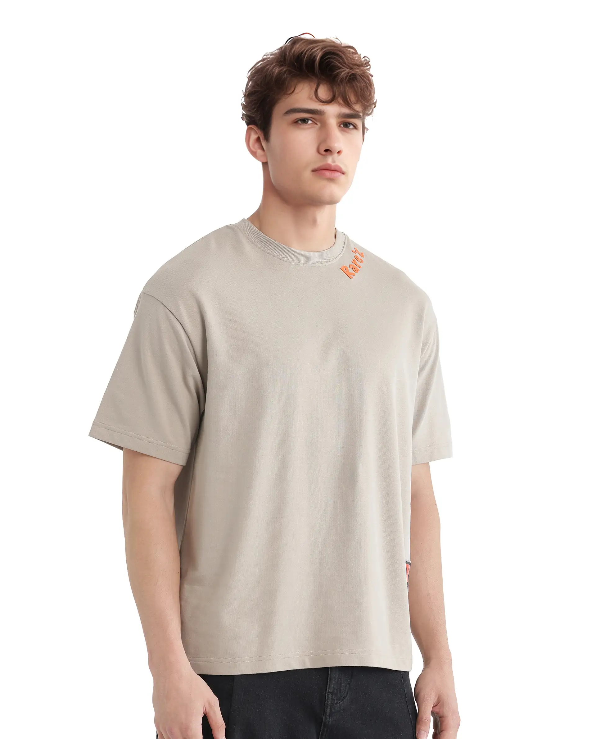 Rare Rabbit Men's Clay Beige Cotton Graphic Print Oversized Fit Half Sleeve Crew Neck T-Shirt - Image 5