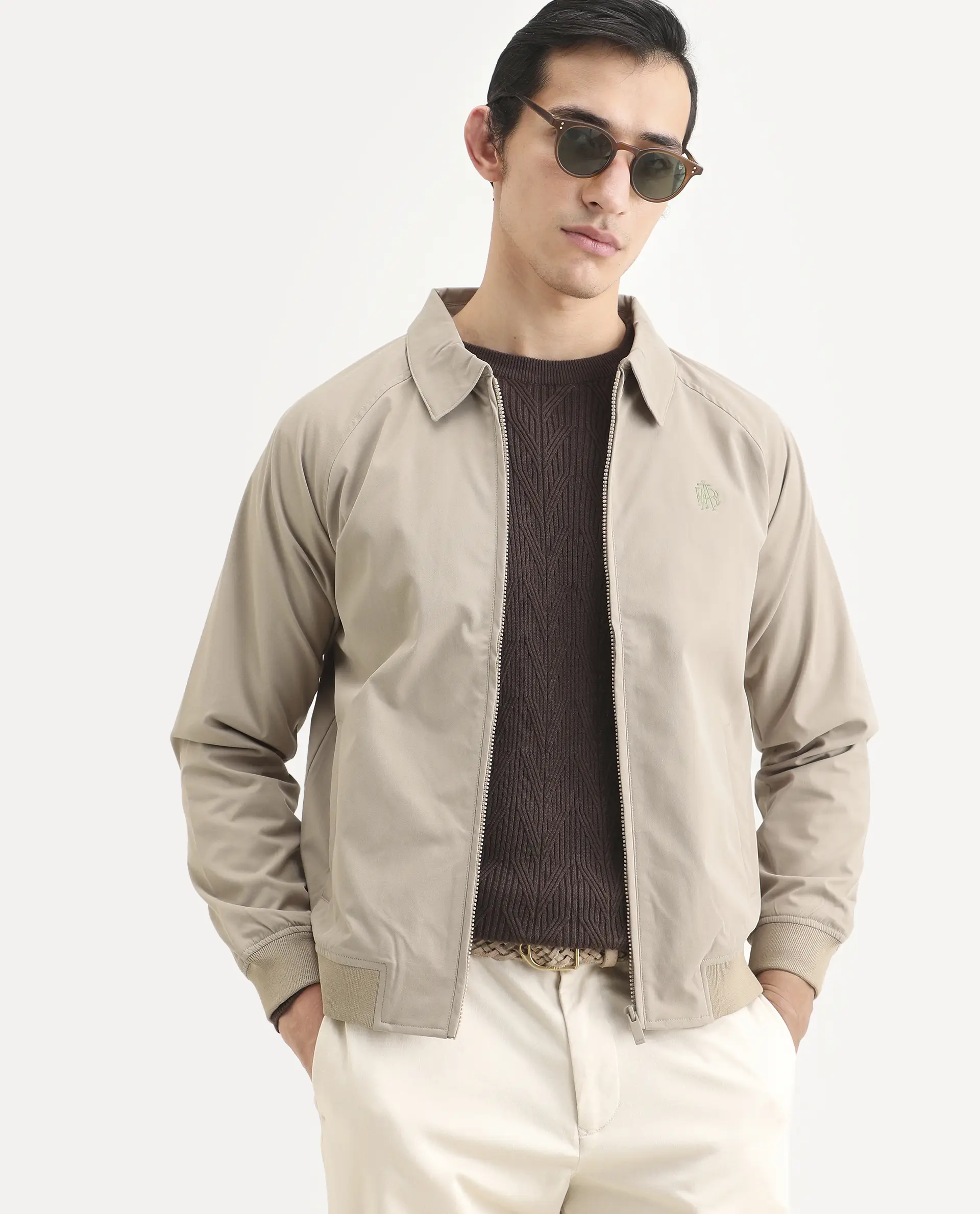 Rare Rabbit Men's Clayon Beige Polyester Embroidered Regular Fit Full Sleeve Spread Collar Jacket