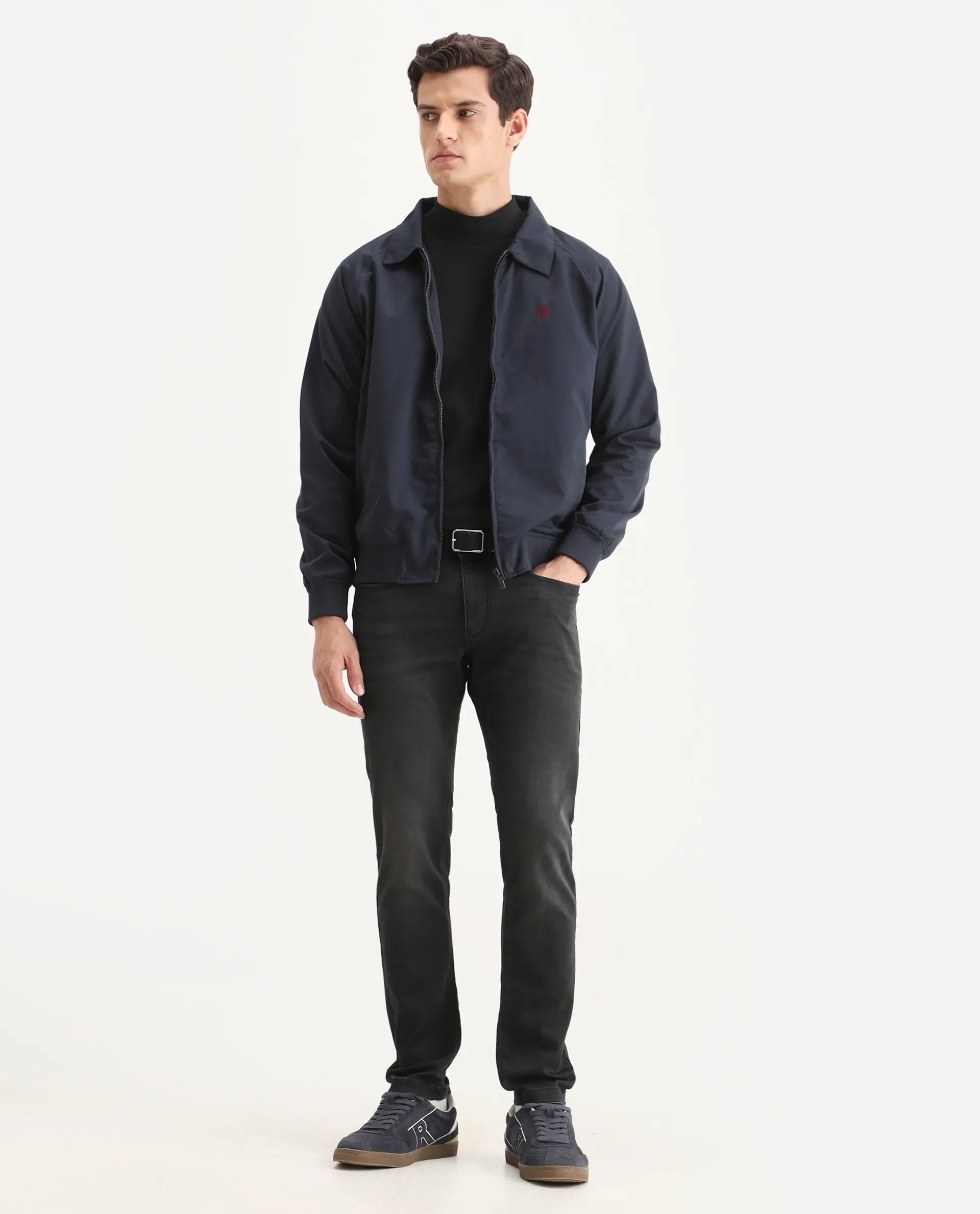 Rare Rabbit Men's Clayon Navy Polyester Embroidered Regular Fit Full Sleeve Spread Collar Jacket - Image 2