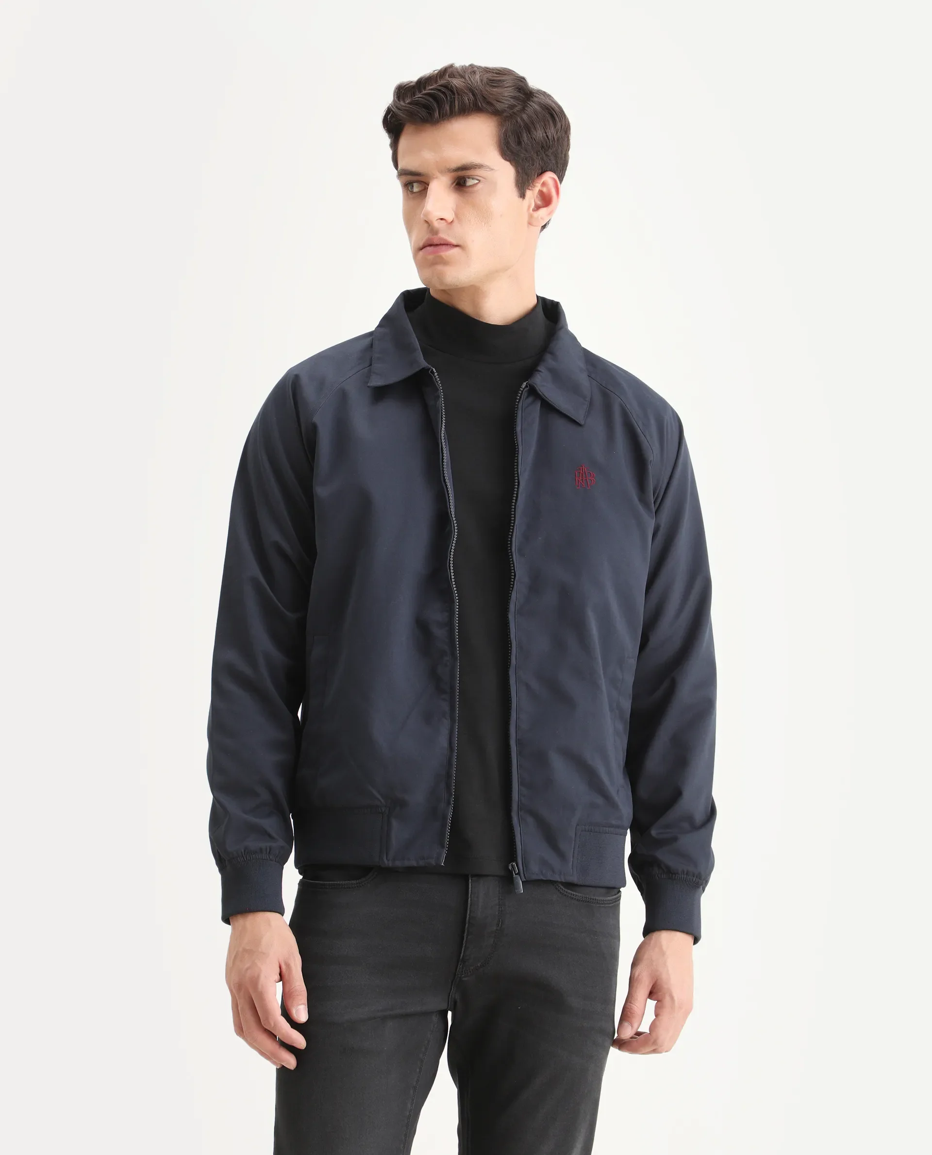 Rare Rabbit Men's Clayon Navy Polyester Embroidered Regular Fit Full Sleeve Spread Collar Jacket - Image 4