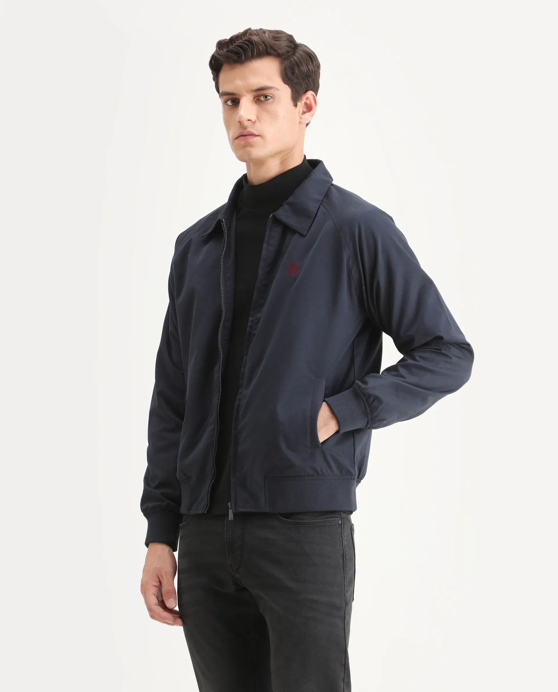 Rare Rabbit Men's Clayon Navy Polyester Embroidered Regular Fit Full Sleeve Spread Collar Jacket - Image 5
