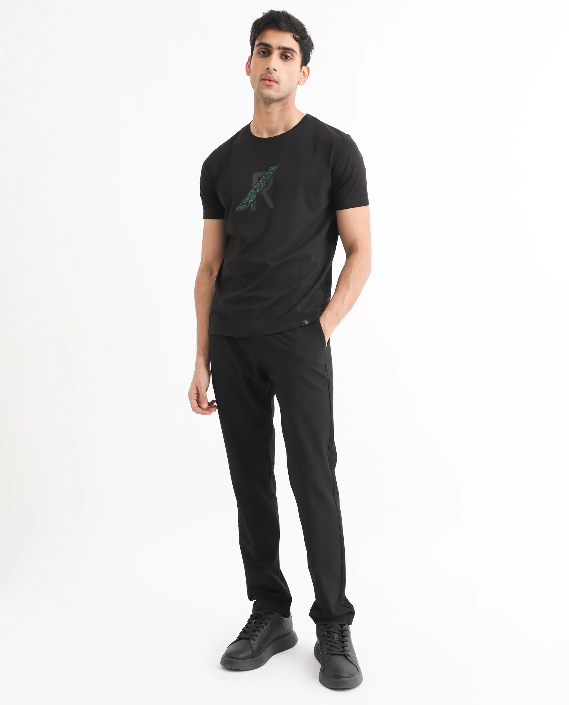 Rare Rabbit Men's Clayton Black Cotton Graphic Print Slim Fit Half Sleeve Crew Neck T-Shirt - Image 2