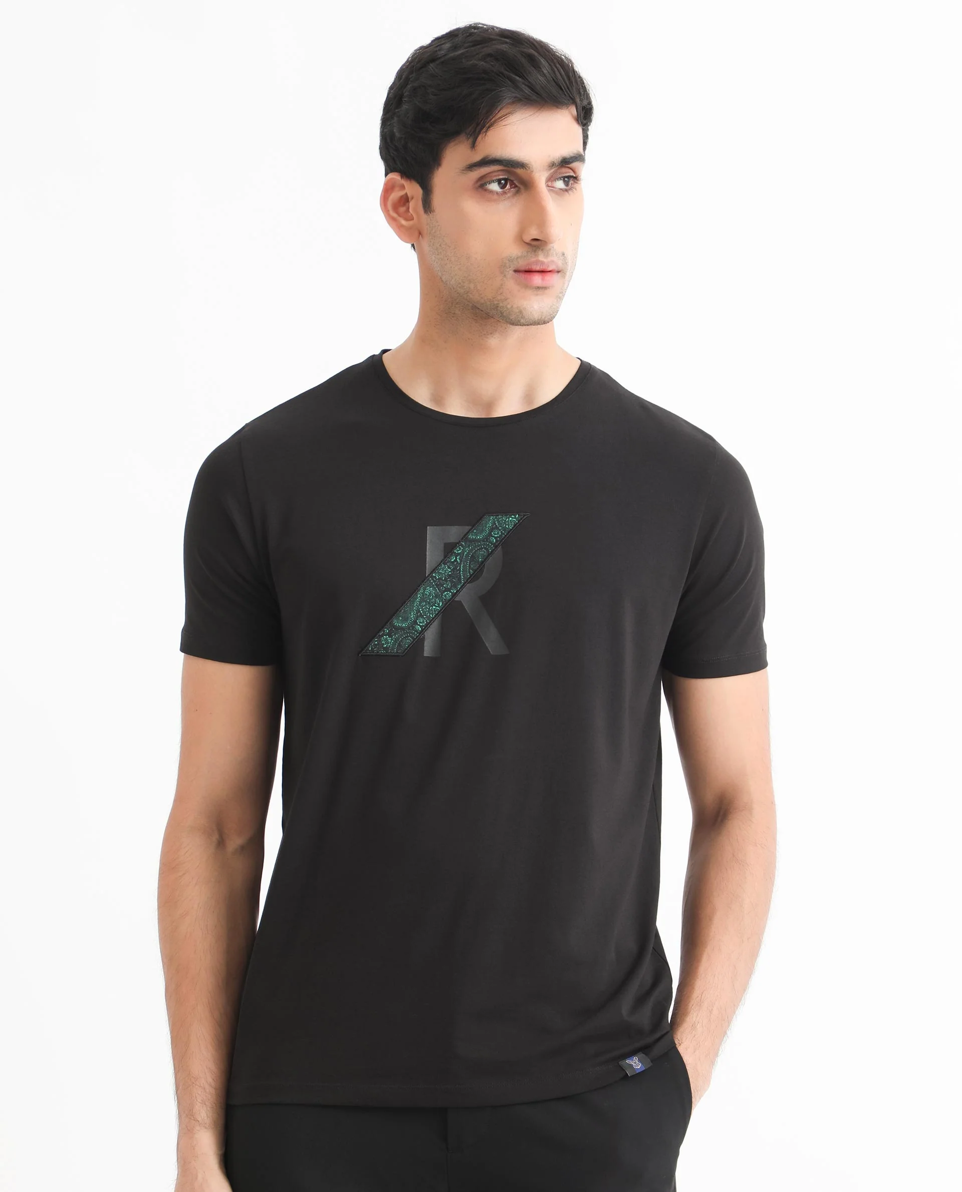 Rare Rabbit Men's Clayton Black Cotton Graphic Print Slim Fit Half Sleeve Crew Neck T-Shirt - Image 4