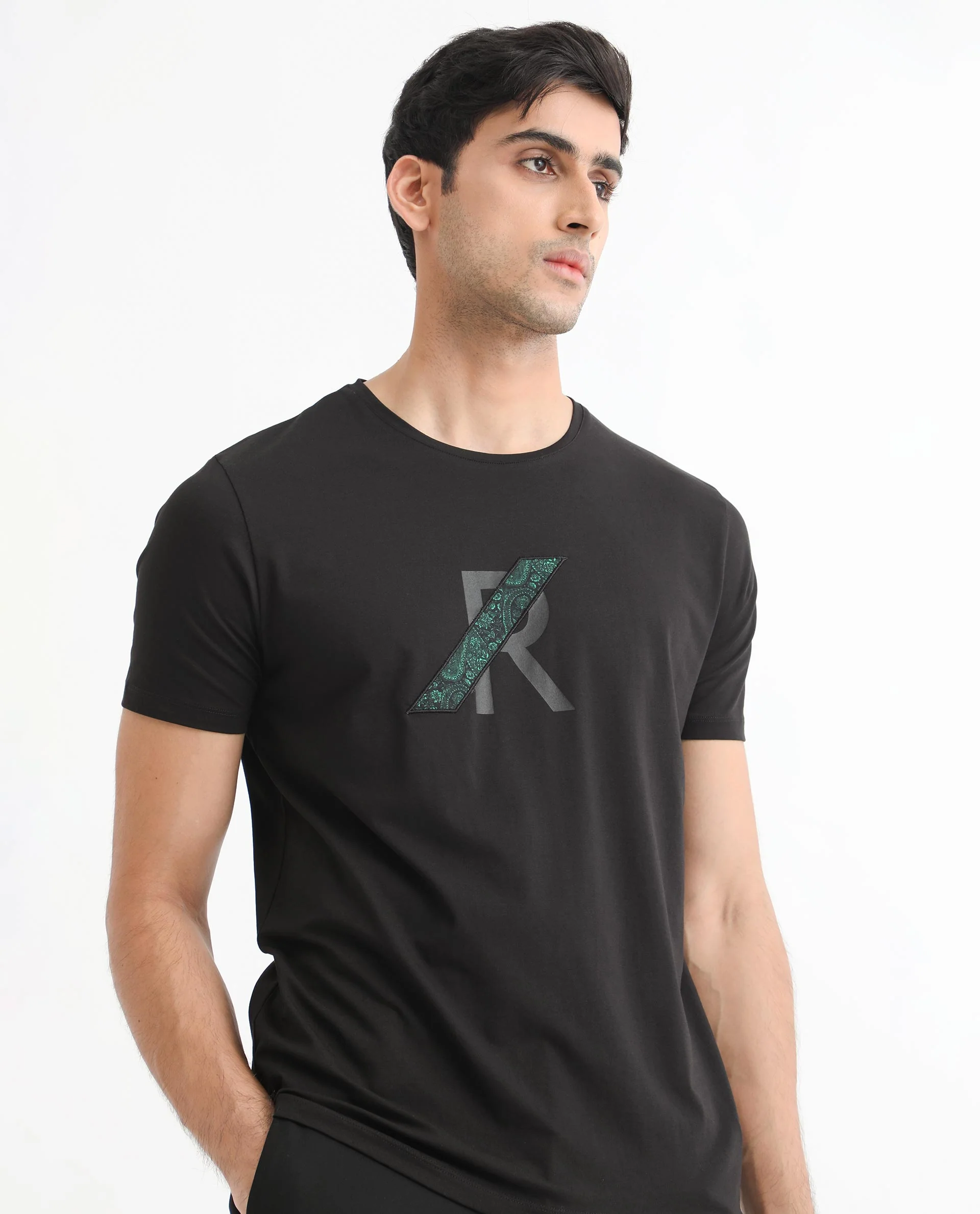 Rare Rabbit Men's Clayton Black Cotton Graphic Print Slim Fit Half Sleeve Crew Neck T-Shirt - Image 5