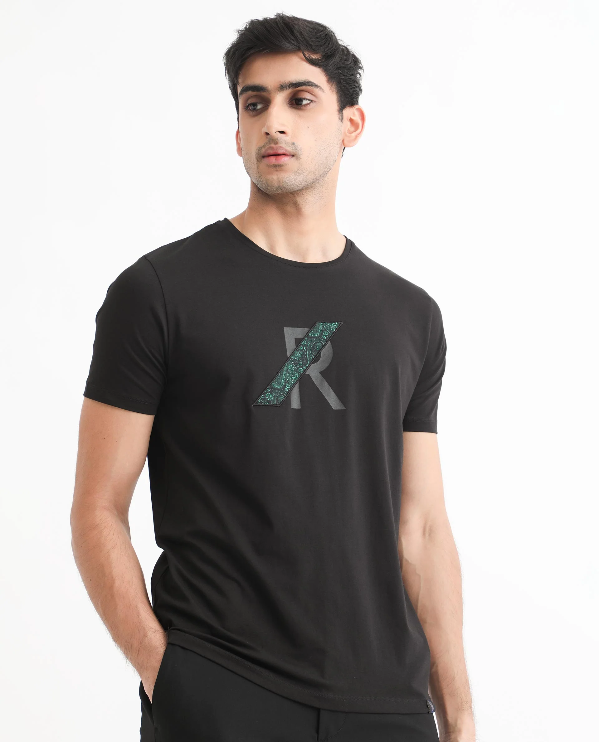 Rare Rabbit Men's Clayton Black Cotton Graphic Print Slim Fit Half Sleeve Crew Neck T-Shirt - Image 6