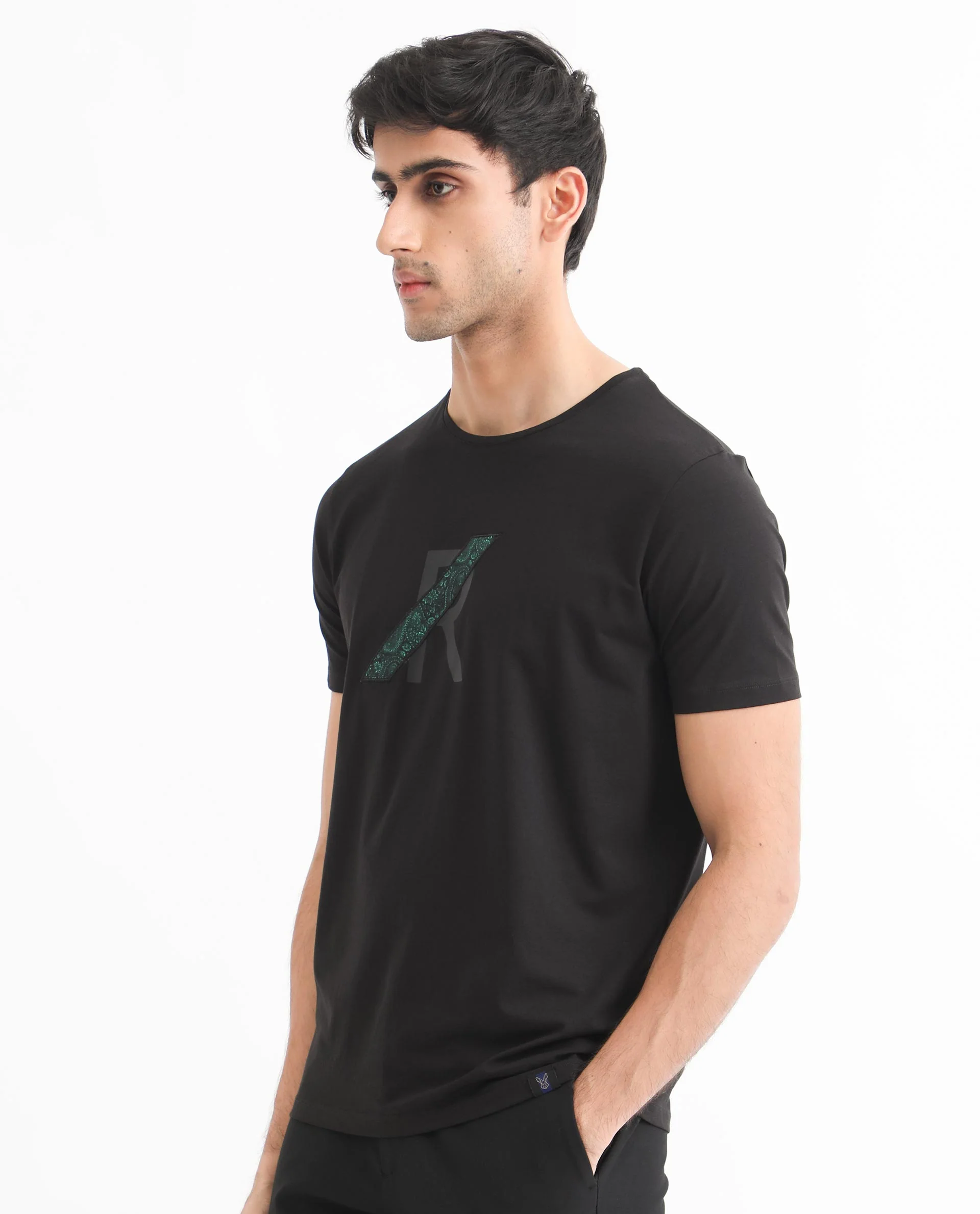 Rare Rabbit Men's Clayton Black Cotton Graphic Print Slim Fit Half Sleeve Crew Neck T-Shirt - Image 7